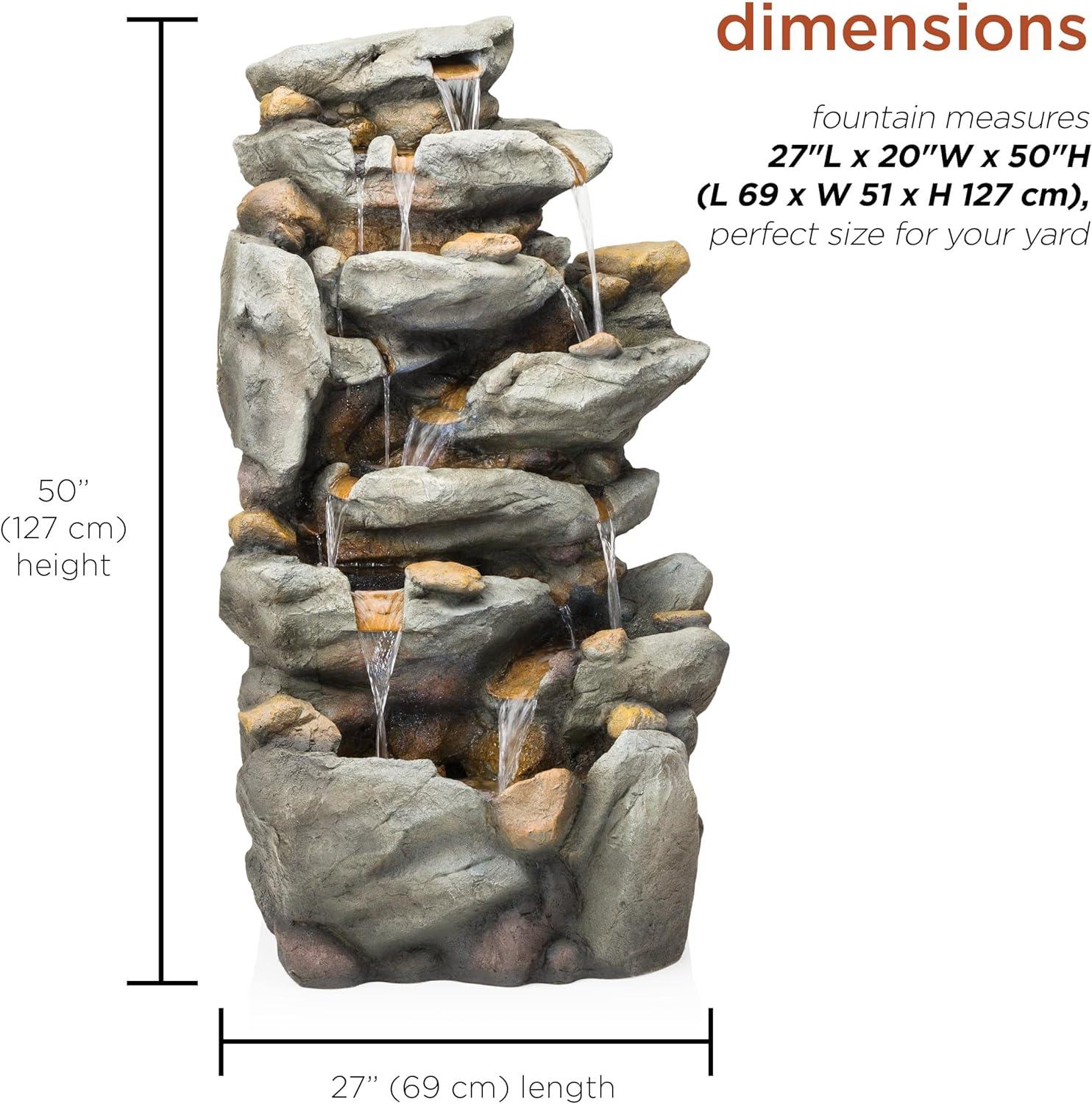 50-Inch Gray 8-Tier Rock Waterfall Fountain with LED Lights