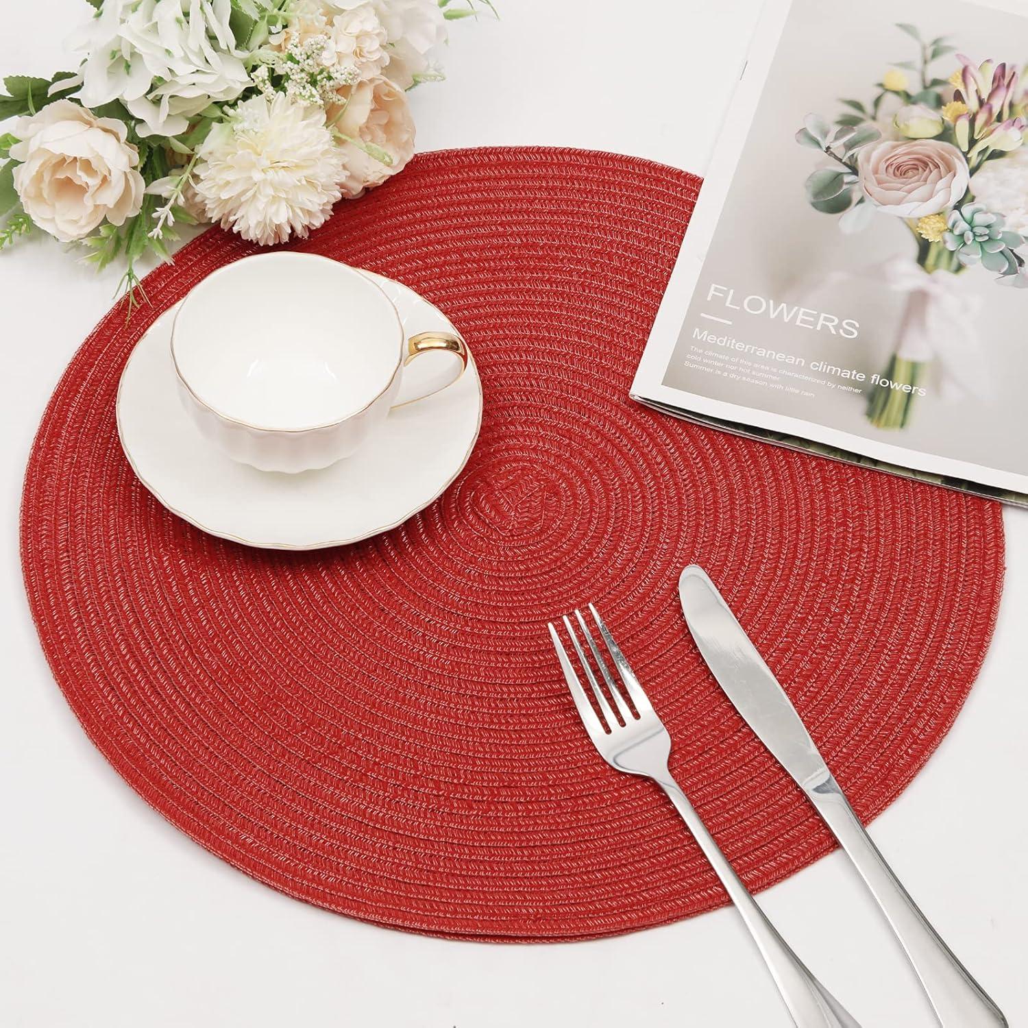 Round Woven Placemats, 4 Pcs, 15" Braided Woven Placemats, Attractive Kitchen Place Mats, Round Placemats as Table Mat (Red)