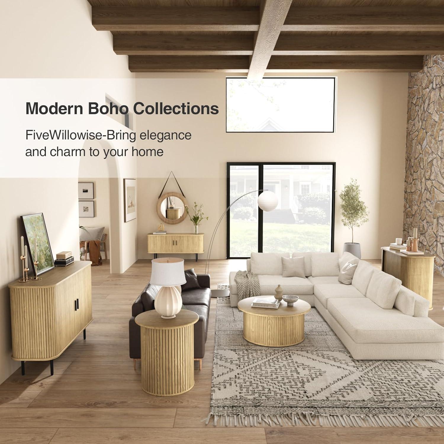 31''W Natural Buffet Sideboard Cabinet with Storage, Fluted Storage Cabinet with Curvy Edge; Sliding Door, Freestanding Accent Credenza, Console Table for Living Room, Kitchen, Hallway