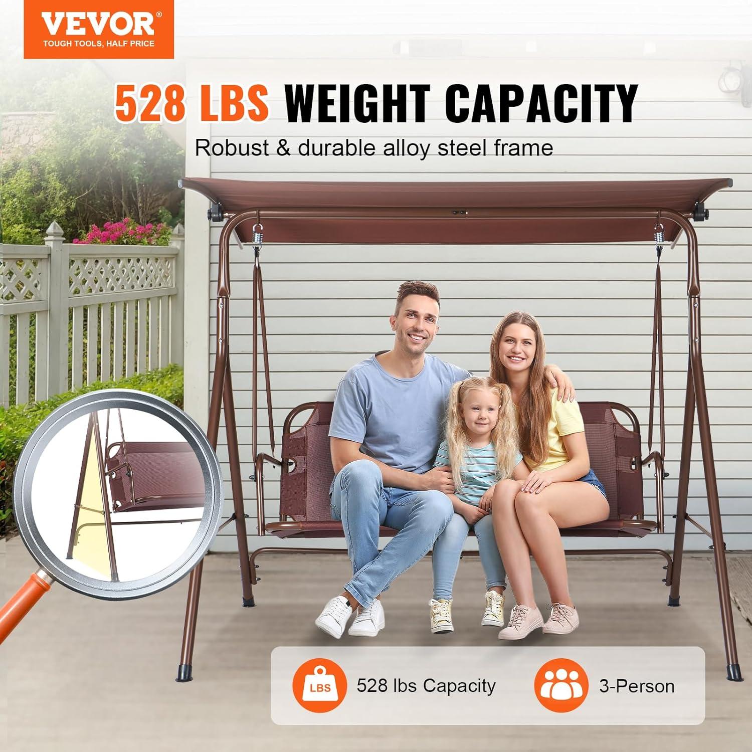 Brown 3-Person Alloy Steel Patio Swing with Adjustable Canopy