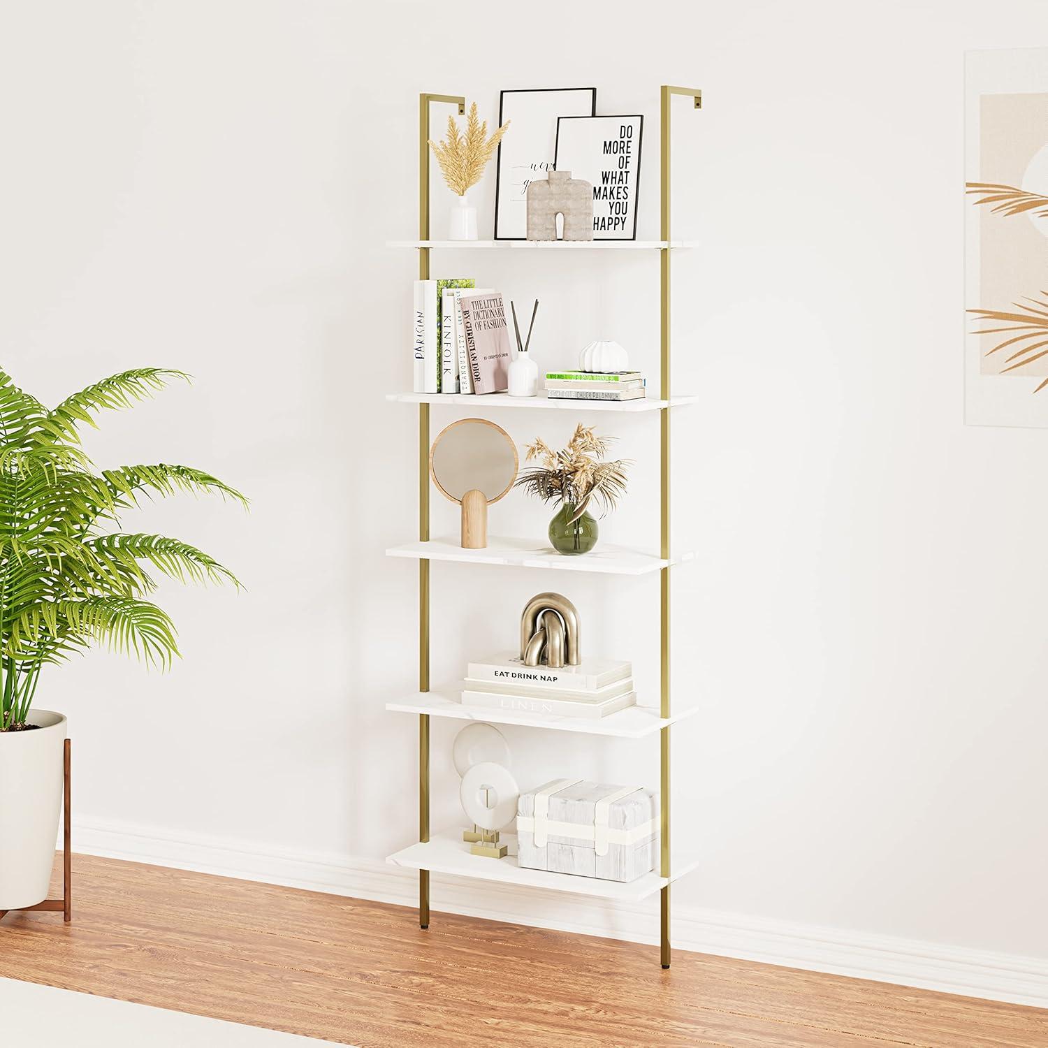5 Tiers Ladder 2-Piece Shelf White Marble Modern Bookshelf Open Tall Wall Mount Bookcase Standing Leaning Wall Shelves Industrial Decorative