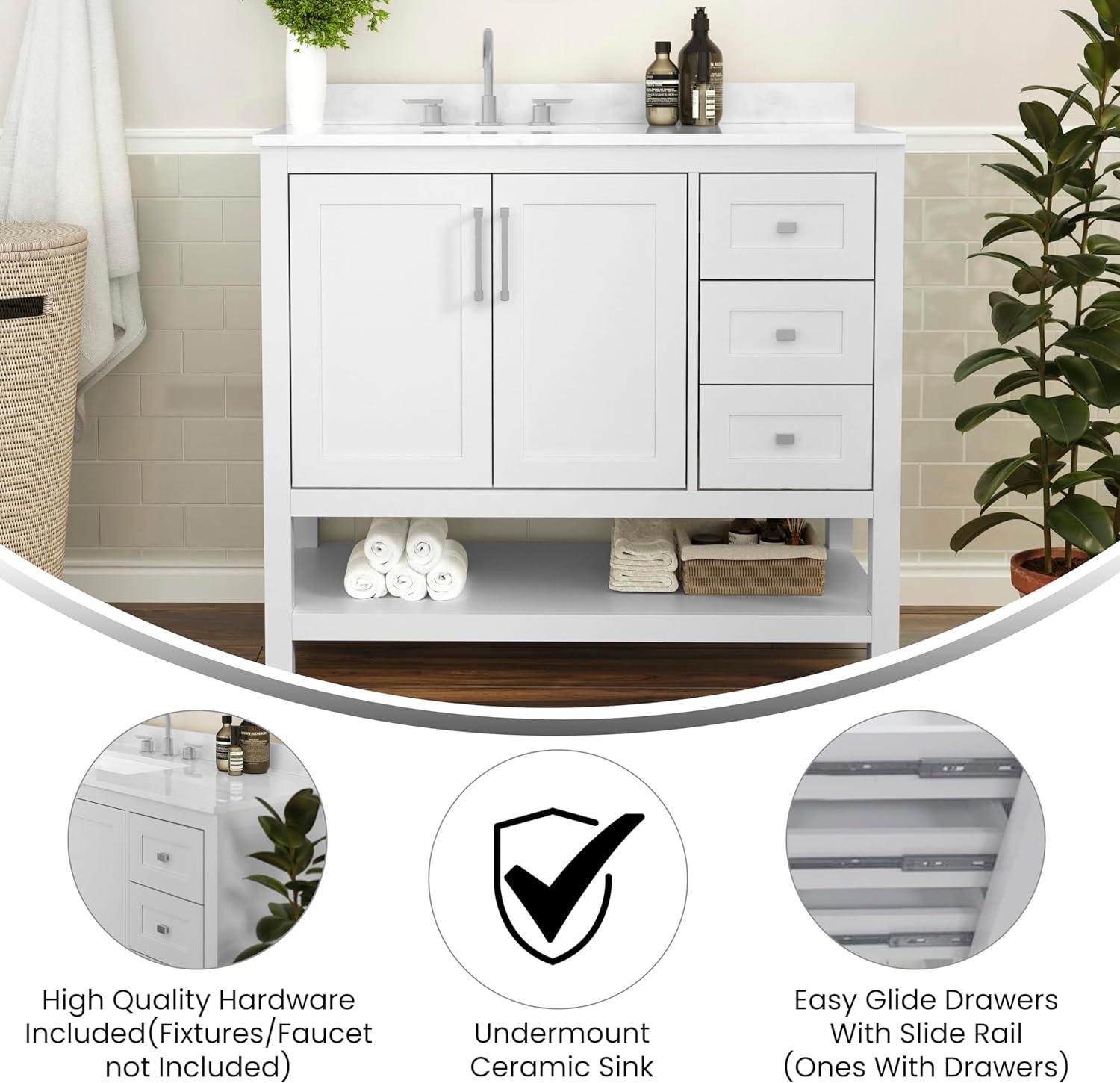 Merrick Lane Bathroom Vanity with Ceramic Sink, Carrara Marble Finish Countertop, Storage Cabinet with Soft Close Doors, Open Shelf and 3 Drawers