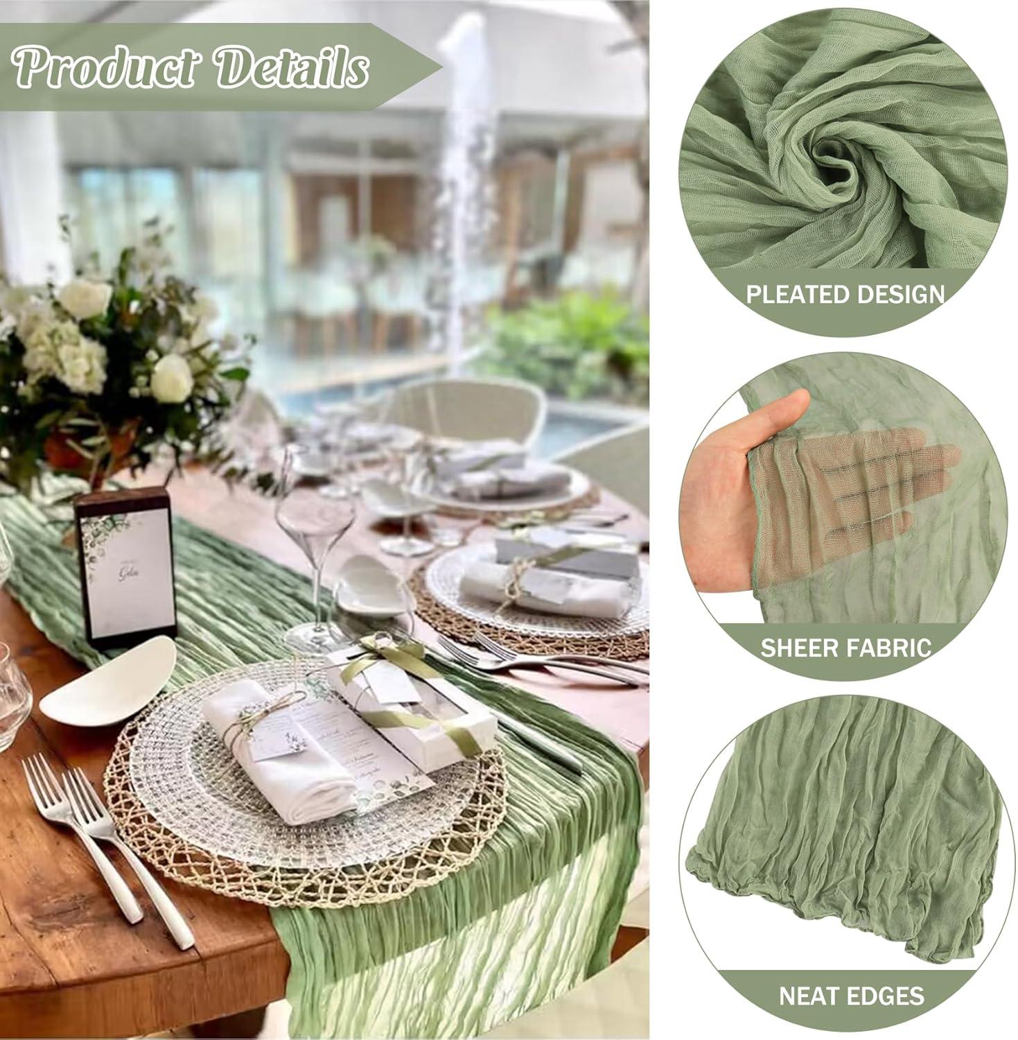 Mint Green Cheesecloth Table Runner 6 Pack 35" Boho Gauze Runner 120 inches Long Tablecloth Runner Rustic Sheer Fabric Bulk for Baby Shower Wedding Bridal Birthday Party Table Decorations