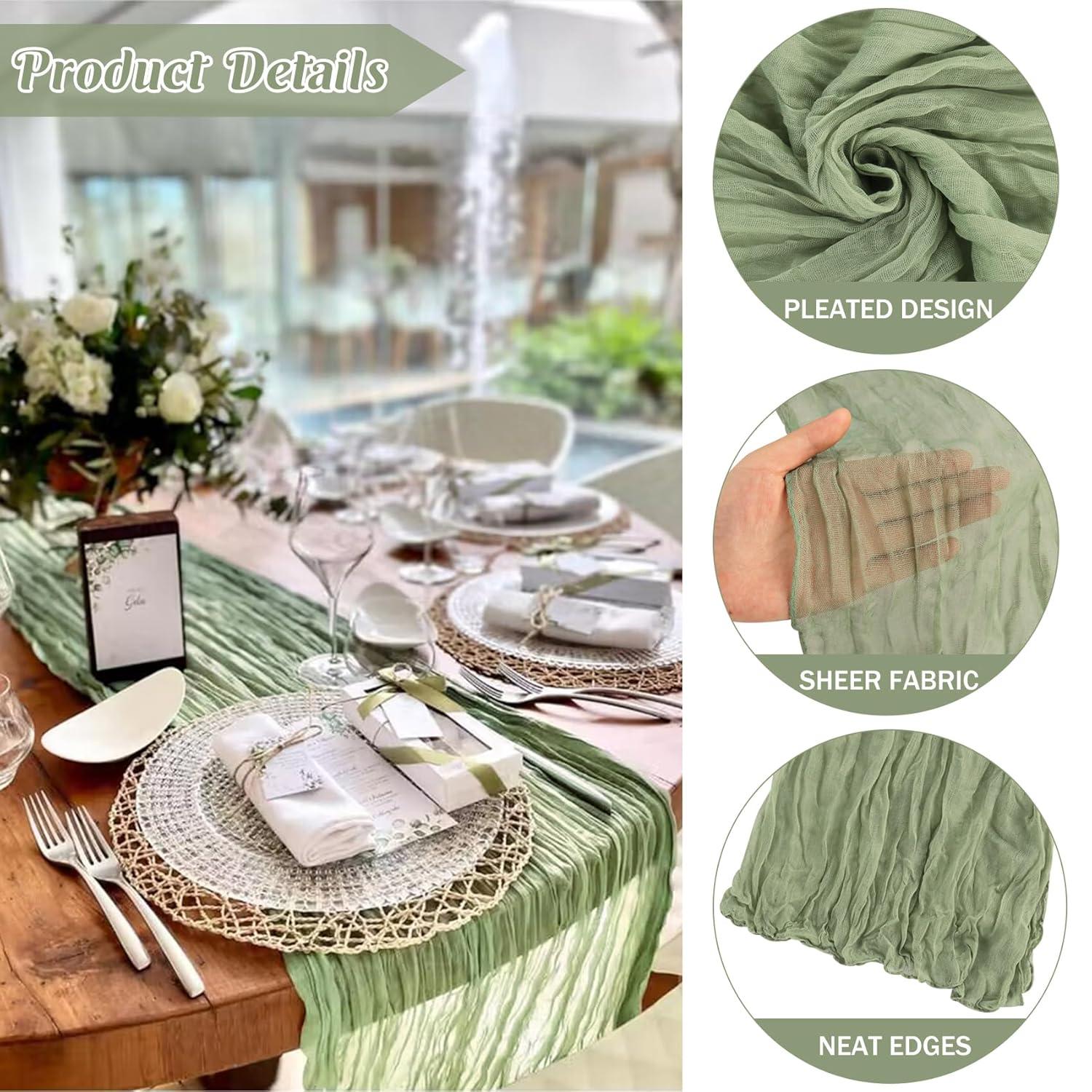 Mint Green Cheesecloth Table Runner 6 Pack 35" Boho Gauze Runner 120 inches Long Tablecloth Runner Rustic Sheer Fabric Bulk for Baby Shower Wedding Bridal Birthday Party Table Decorations