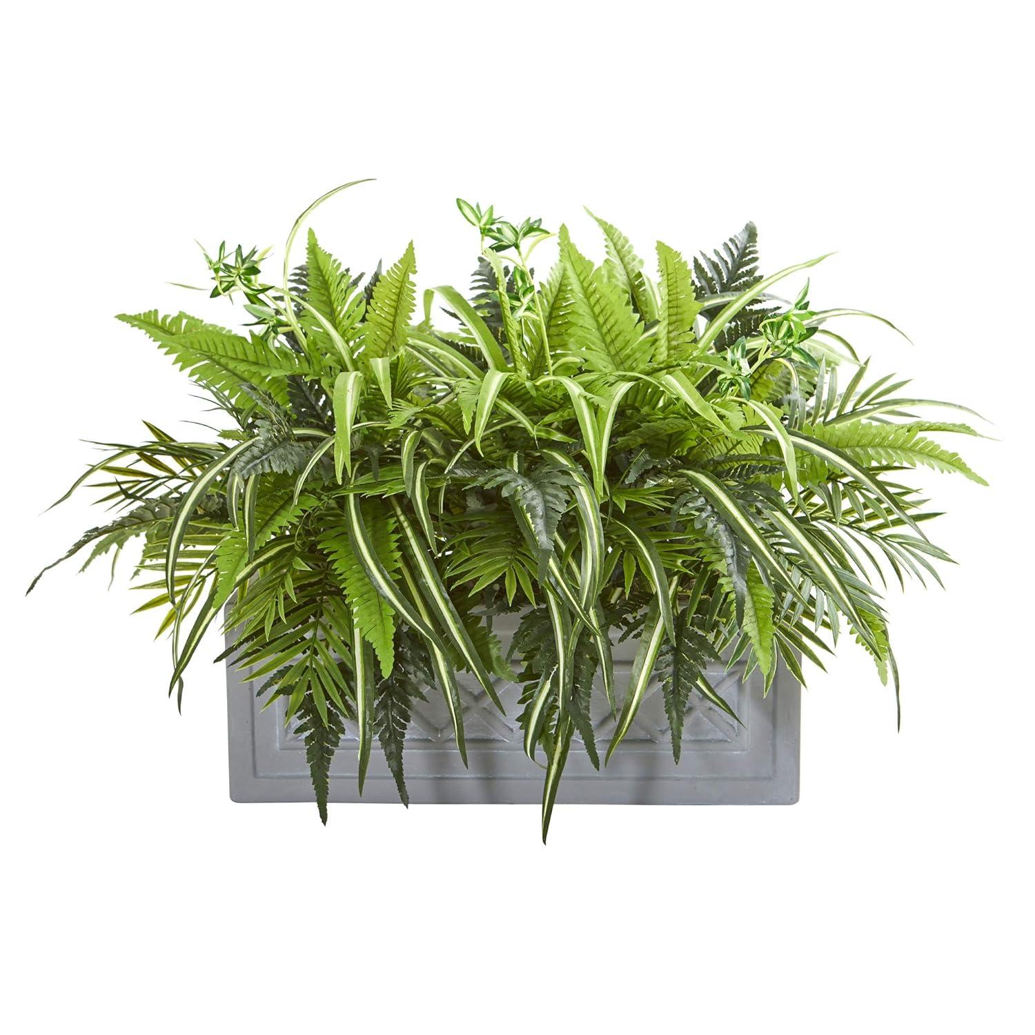 Nearly Natural Mixed Greens and Fern Artificial in Stone Planter