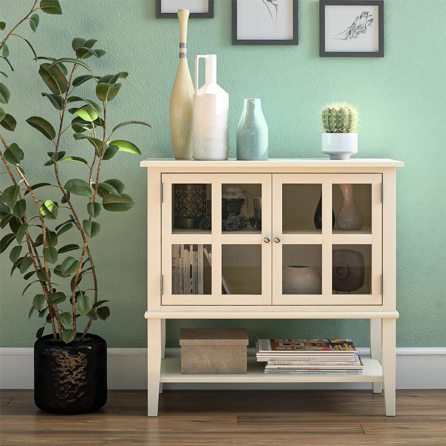 Soft White MDF Freestanding Storage Cabinet with Glass Doors