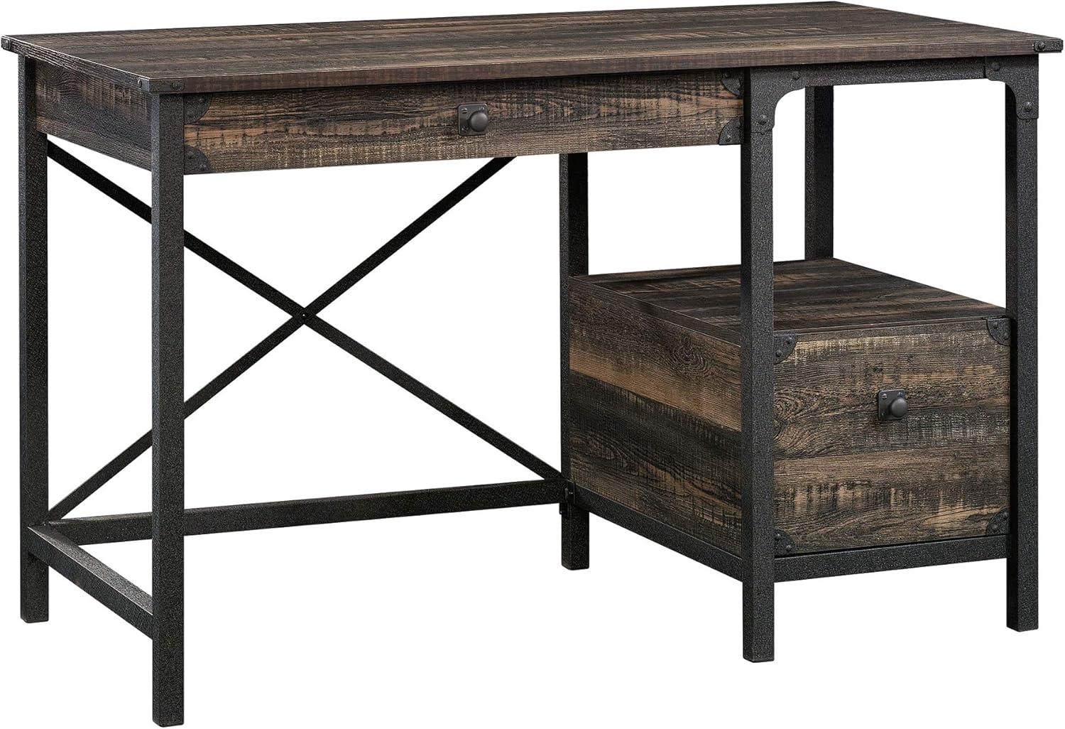 Rustic Carbon Oak Workstation with Powder-Coated Metal Frame