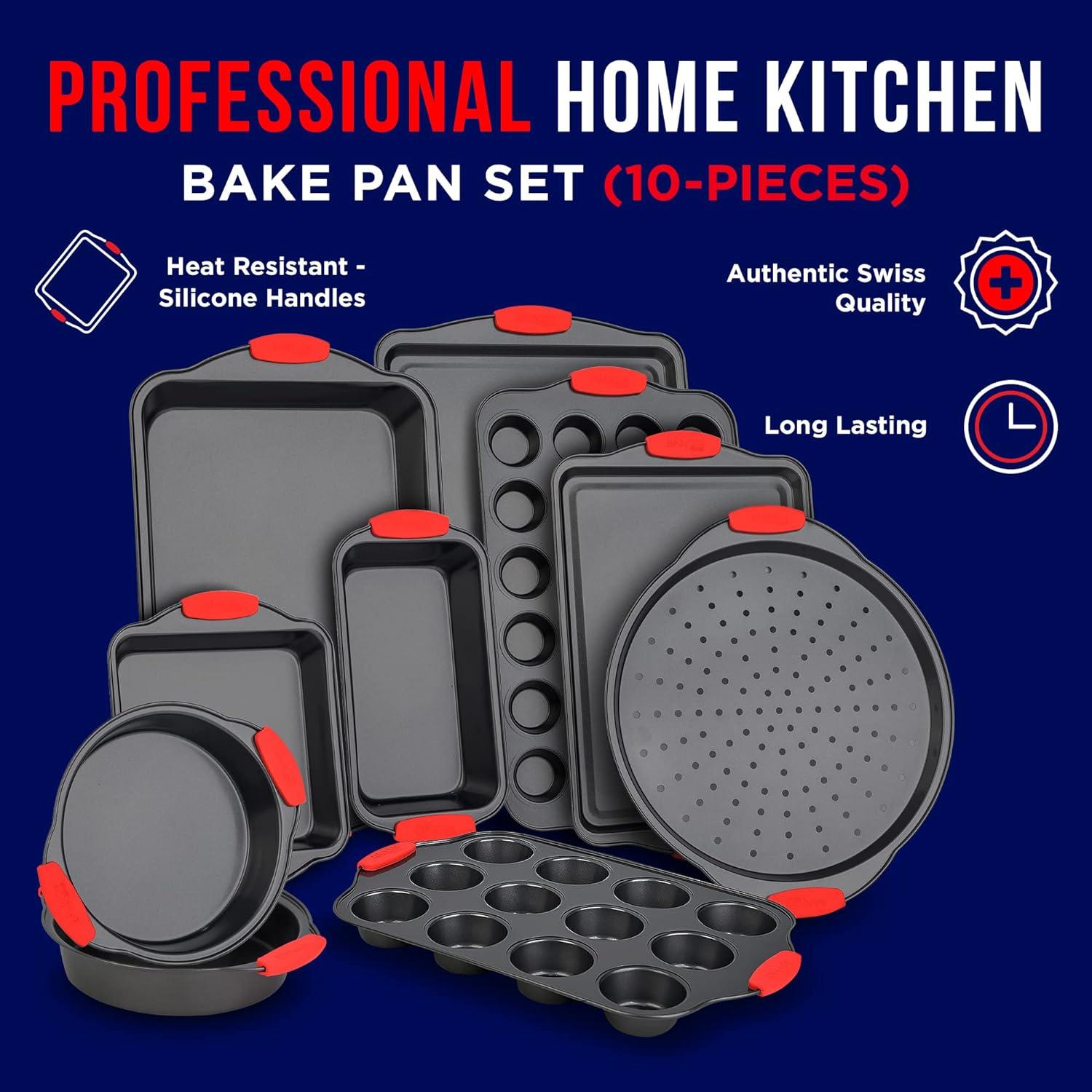 10-Piece Non-Stick Carbon Steel Bakeware Set with Red Silicone Handles