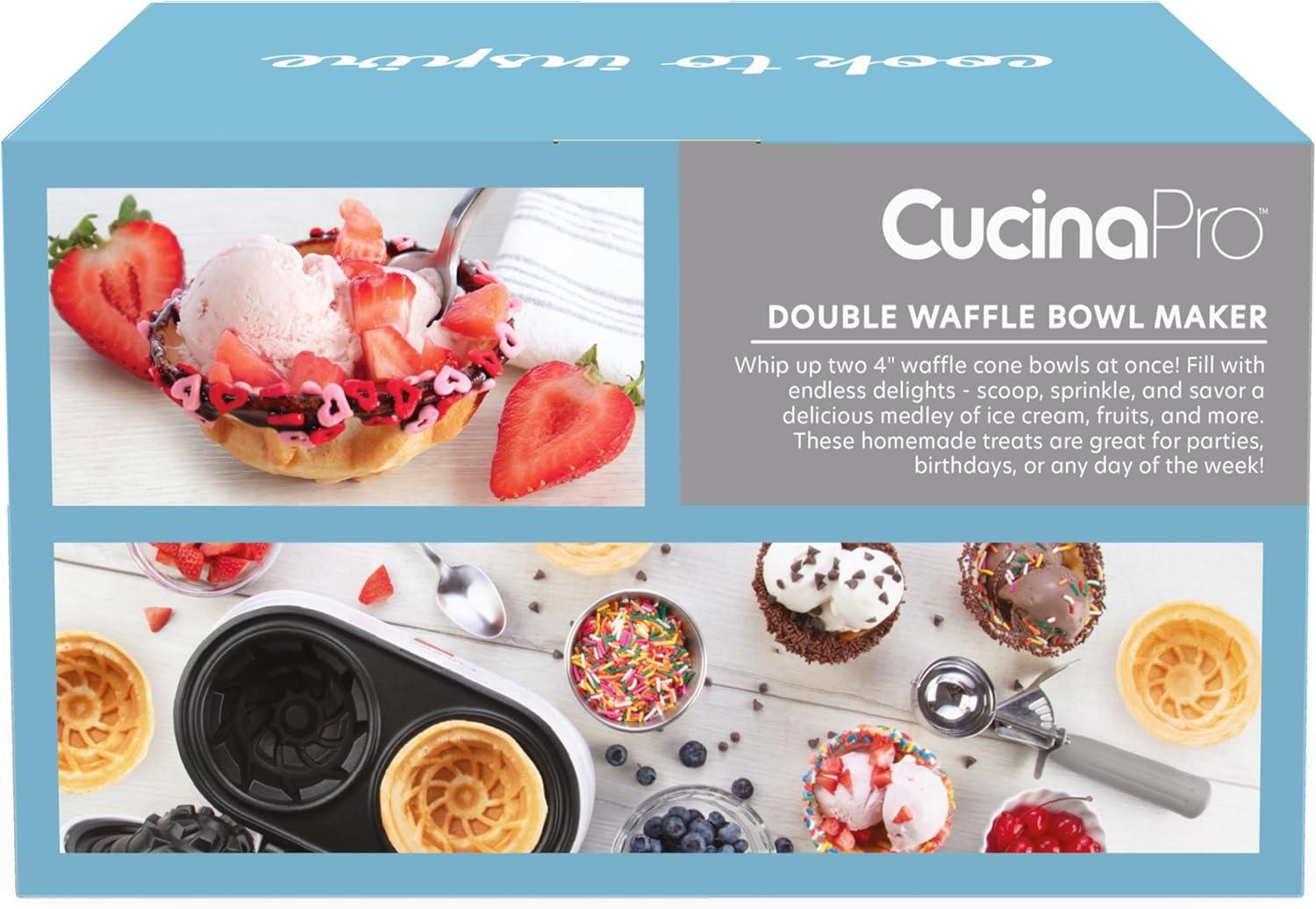 Double Waffle Bowl Maker- Make two 4" Ice Cream Cone Bowls at Once, NonStick Electric Baker for Homemade Icecream Treats, Easy to Use, Recipes Included - Great for Summer