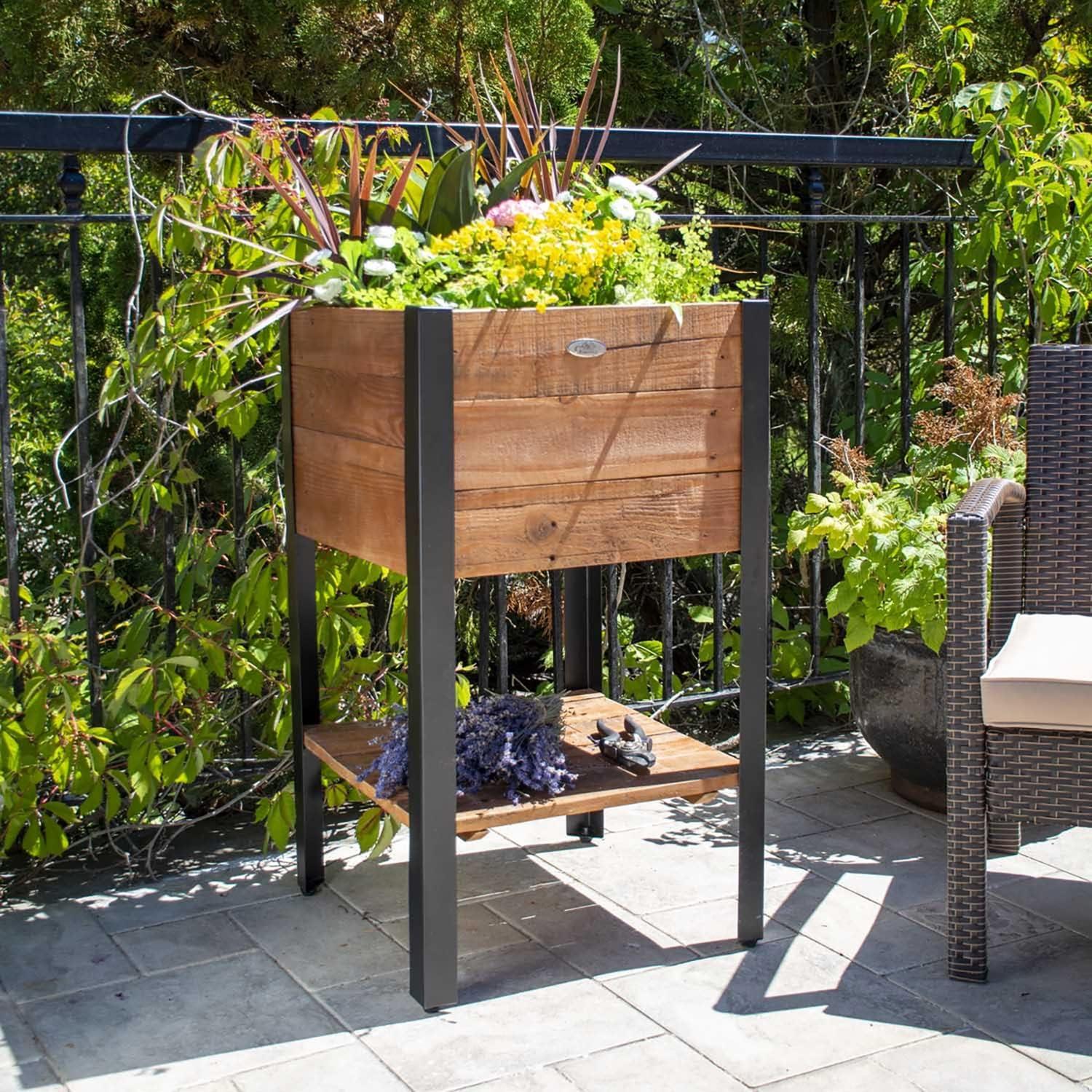 Natural Brown Recycled Pine and Steel Raised Planter Box with Shelf