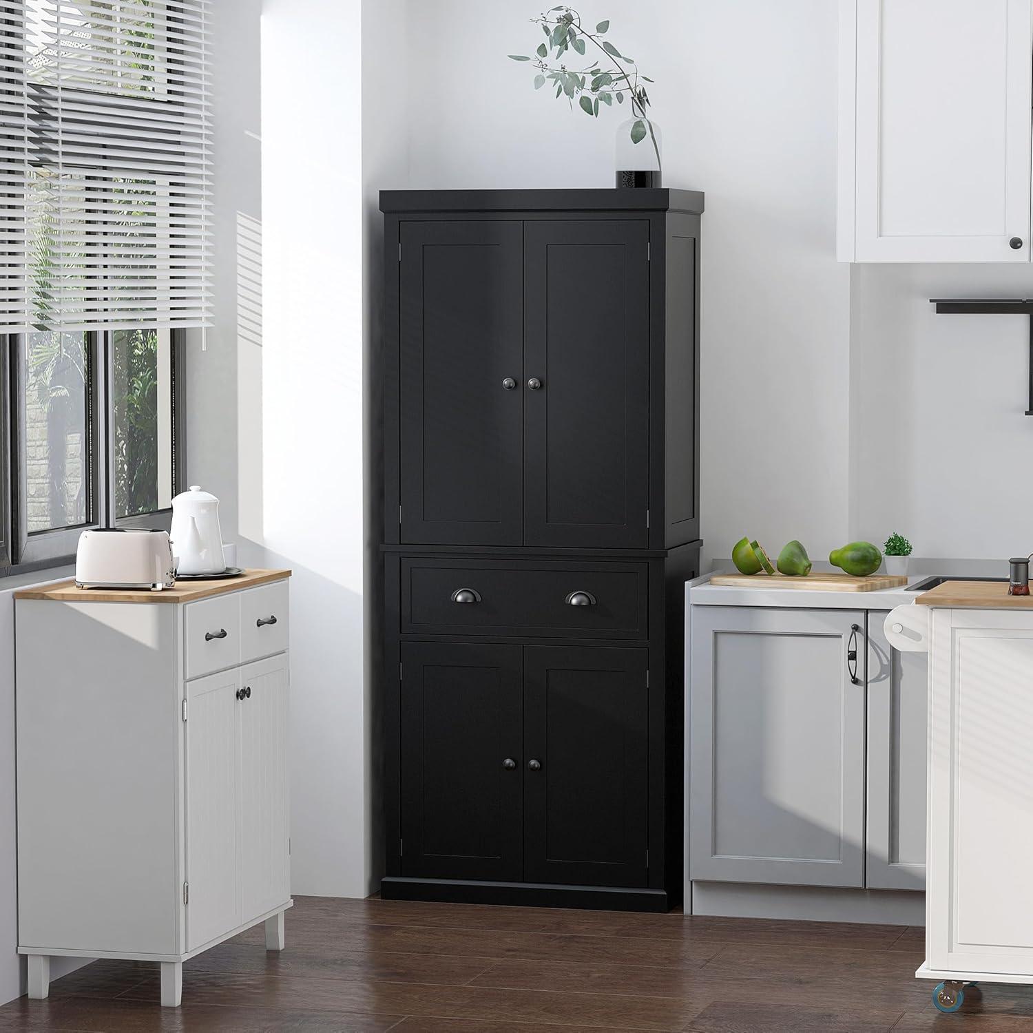 HOMCOM 72.5" Kitchen Pantry Cabinet, Traditional Freestanding Storage Cabinet with 4 Doors, Drawer and 3 Adjustable Shelves for Dining Room, Black