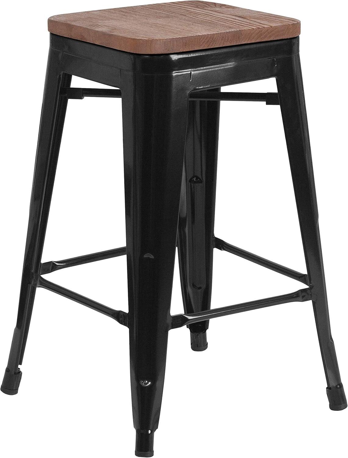 Flash Furniture Margherite 30" High Backless Metal Barstool with Square Wood Seat