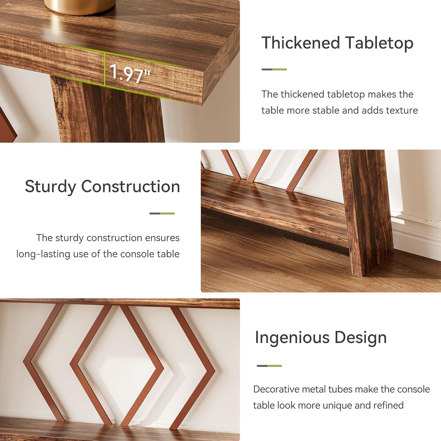 Rustic Brown Wood and Metal Console Table with Storage Shelf