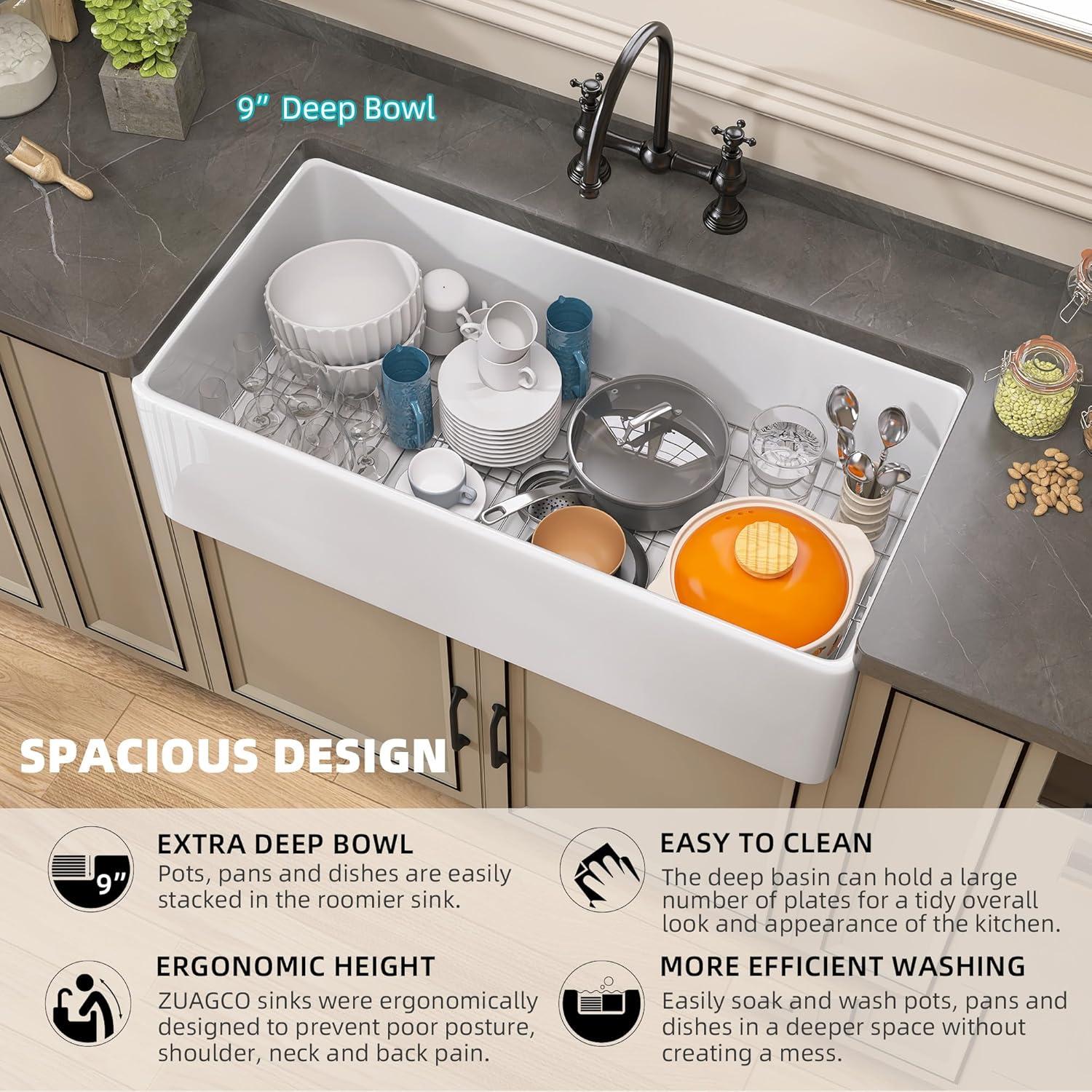 Farmhouse Sink 36 inch X 18 inch White Fireclay Apron Undermount Kitchen Farm Sink Single Bowl Large Big Modern Farmer Sinks with Luxury Accessories
