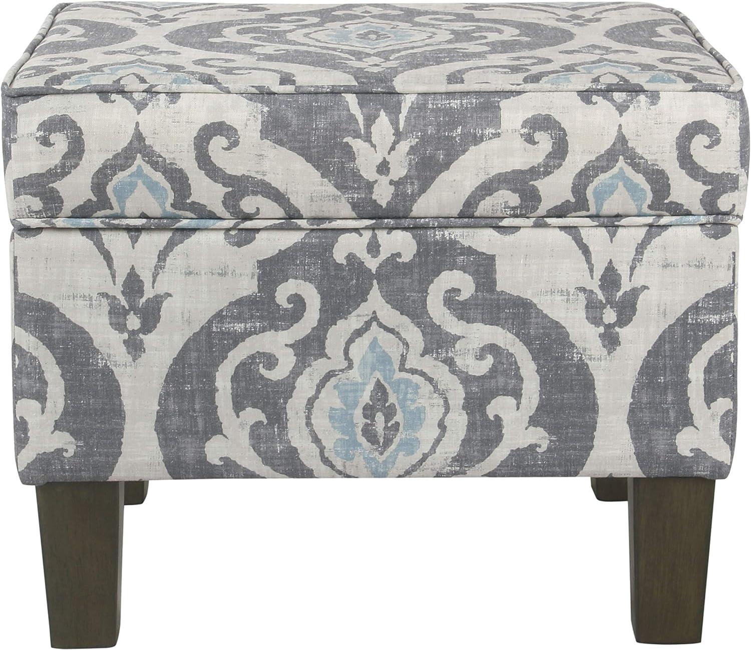 Medium Storage Ottoman Gray/Blue - HomePop: Upholstered Rectangular Footstool with Damask Pattern, Plywood & Hardwood Frame