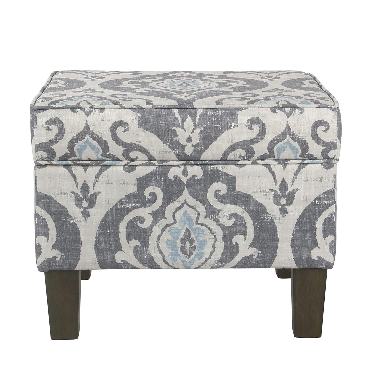 Medium Storage Ottoman Gray/Blue - HomePop: Upholstered Rectangular Footstool with Damask Pattern, Plywood & Hardwood Frame