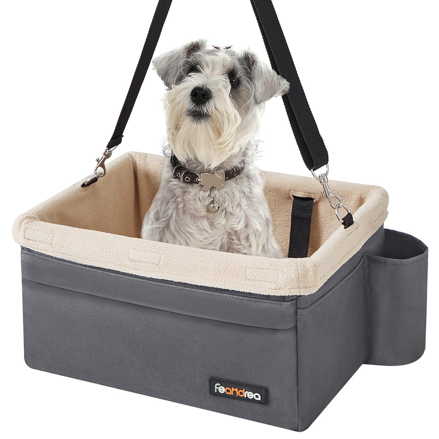Feandrea Dog Car Seat, Pet Booster Seat for Small Dogs up to 18 lb, with Adjustable Straps, Removable Washable Fleece Liner, 4 Pockets, for Front Seats, Back Seats, Gray and Beige UPBS042G01
