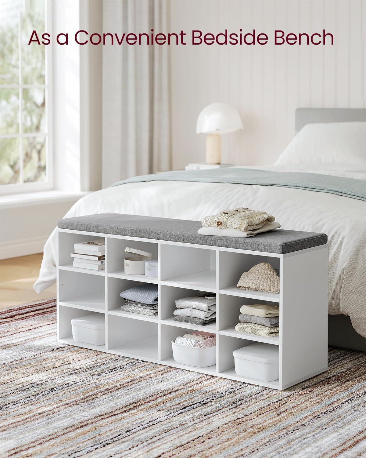 White and Gray Storage Bench with Padded Seat and 12 Compartments