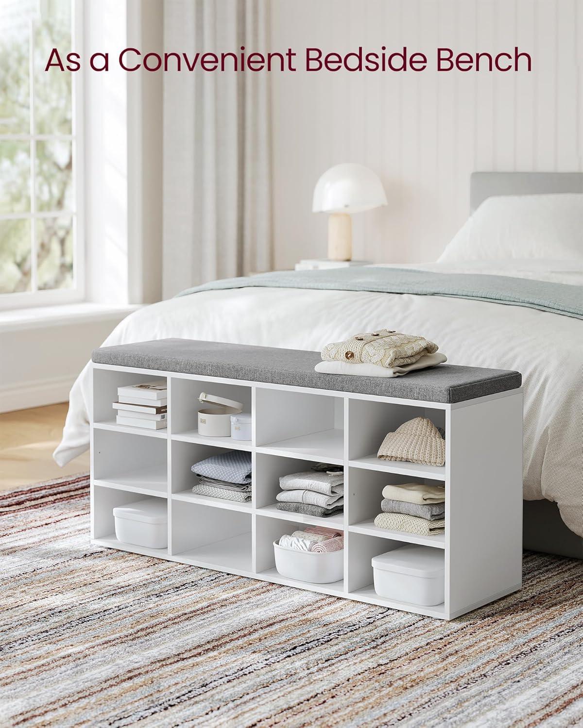 VASAGLE CUSTOS Collection - Shoe Bench, Storage Bench with Padded Seat, Entryway Bench with 12 Compartments, for Bedroom, 11.9 x 40.9 x 18.9 Inches, Cloud White and Slate Gray ULHS012W14