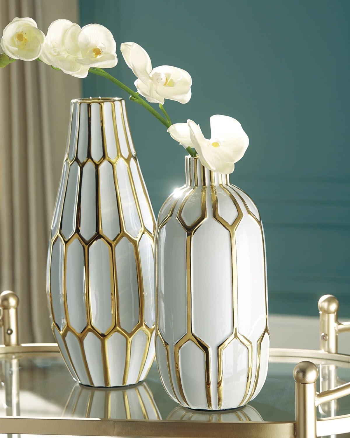 Gold and White Ceramic Honeycomb Pattern Table Vase Set