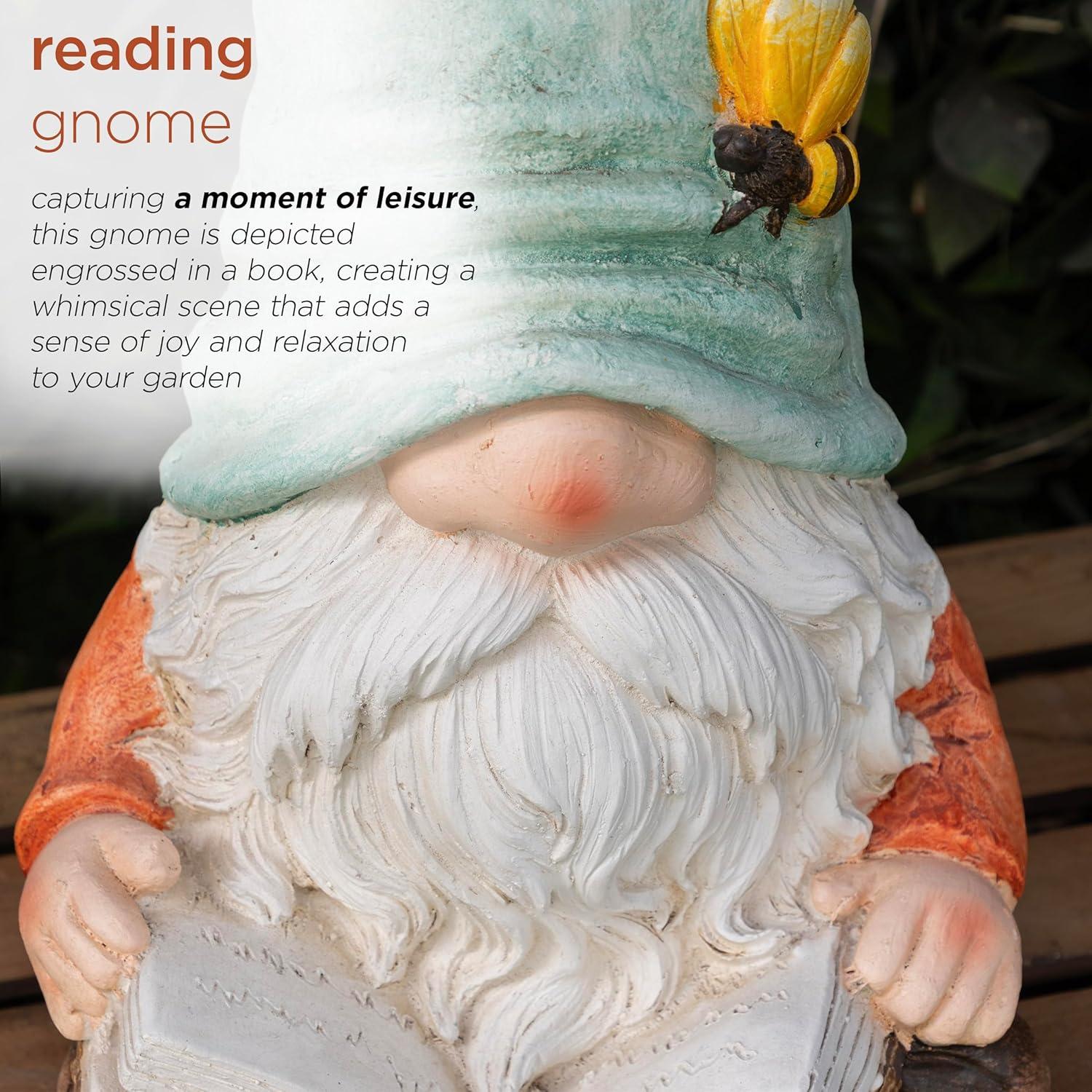 Alpine Corporation Gnome With Turquoise Hat Reading Book Décor: Ceramic Statue, Mythical Charm, Indoor/Outdoor Use