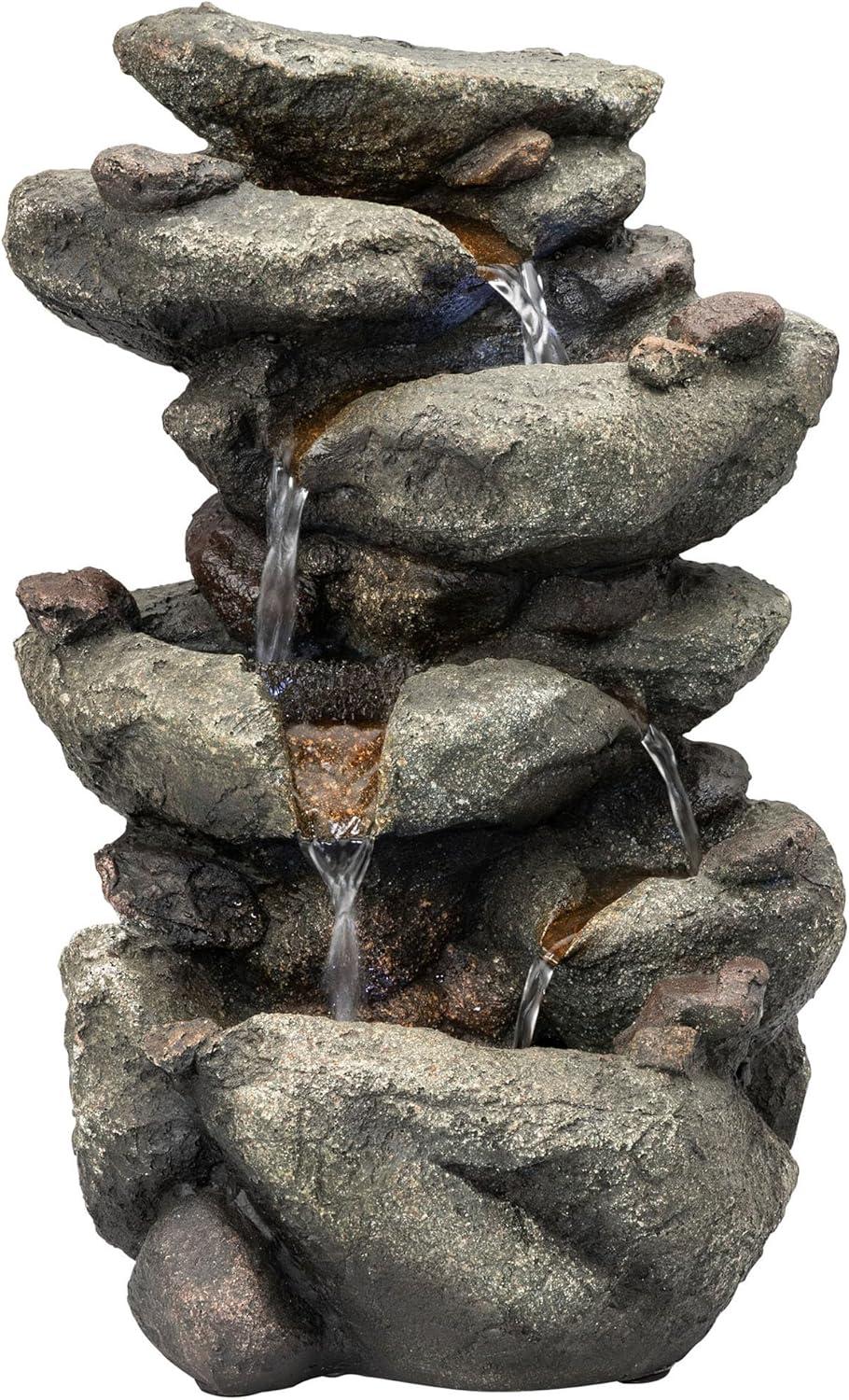 Rainforest Rock Cascade Fountain with White LED, 14" Grey