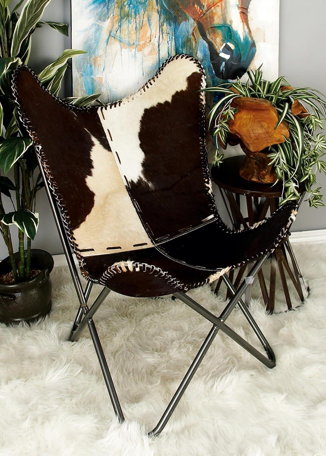 Handcrafted White Leather Butterfly Accent Chair with Metal Frame