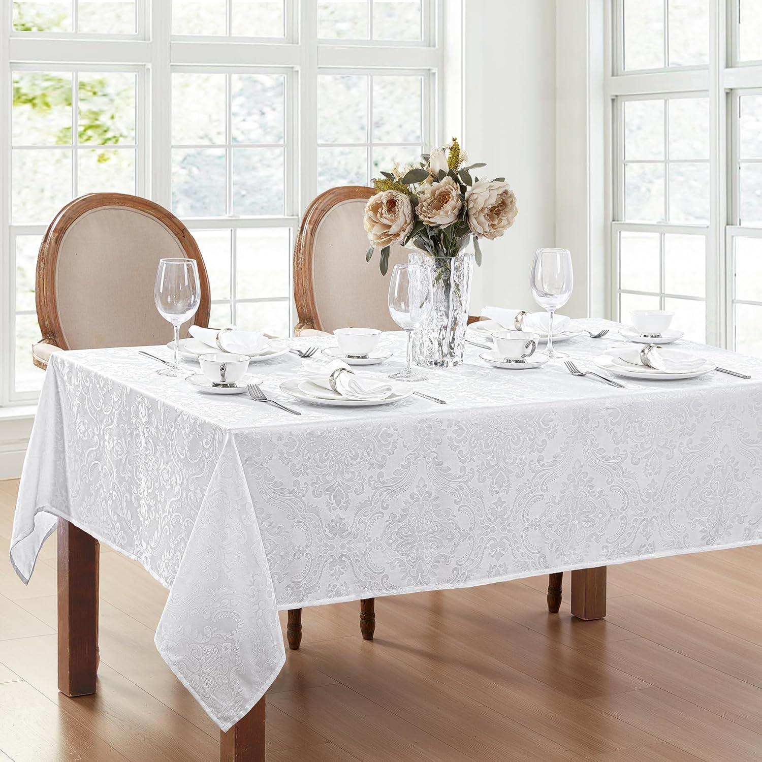 White Jacquard Damask Stain Resistant Rectangular Tablecloth