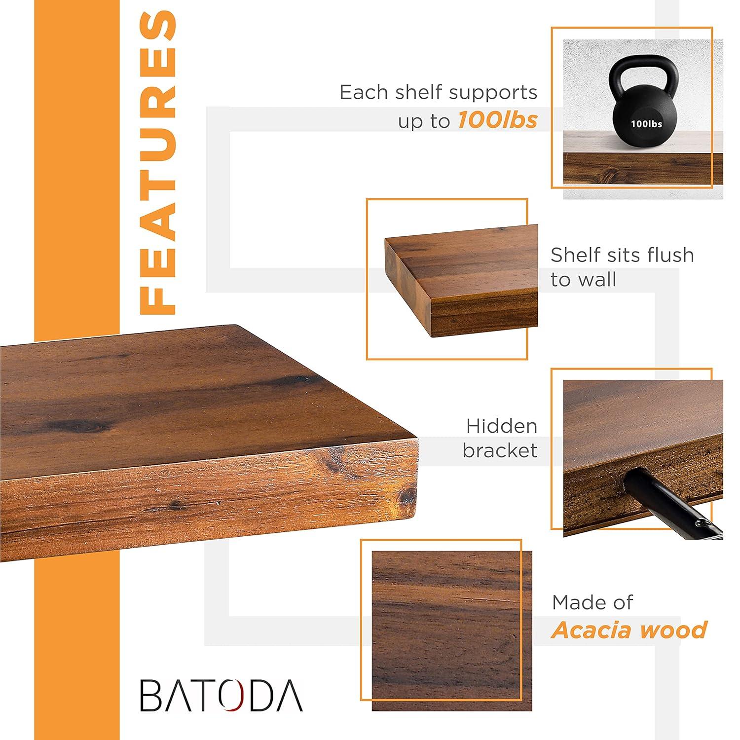 BATODA Set of 2 24" Acacia Wood Floating Shelves Wall Mounted – Rustic Farmhouse Wooden Wall Storage Shelf for Bedroom, Kitchen, Home Décor - Brackets and Shelving Hardware Included