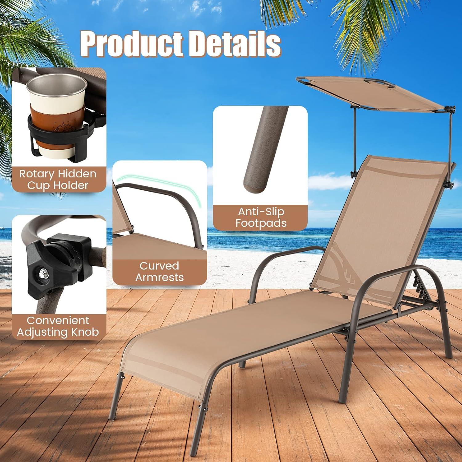 Costway Patio Heavy-Duty Chaise Lounge 5-Level Adjustable Outdoor Recliner Canopy Cup