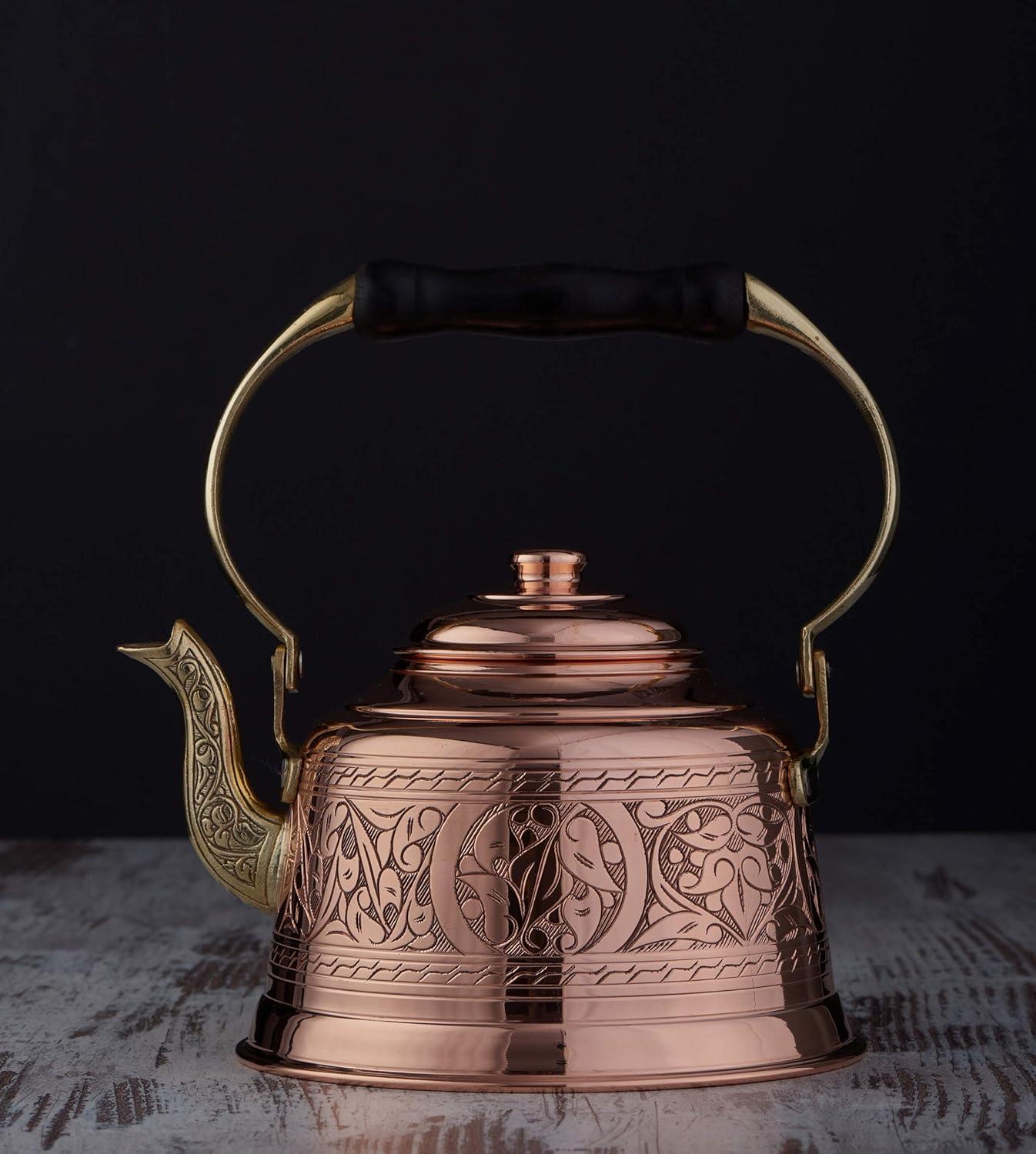 Handmade Engraved Copper Teapot with Brass Handle, 1.6-Quarts