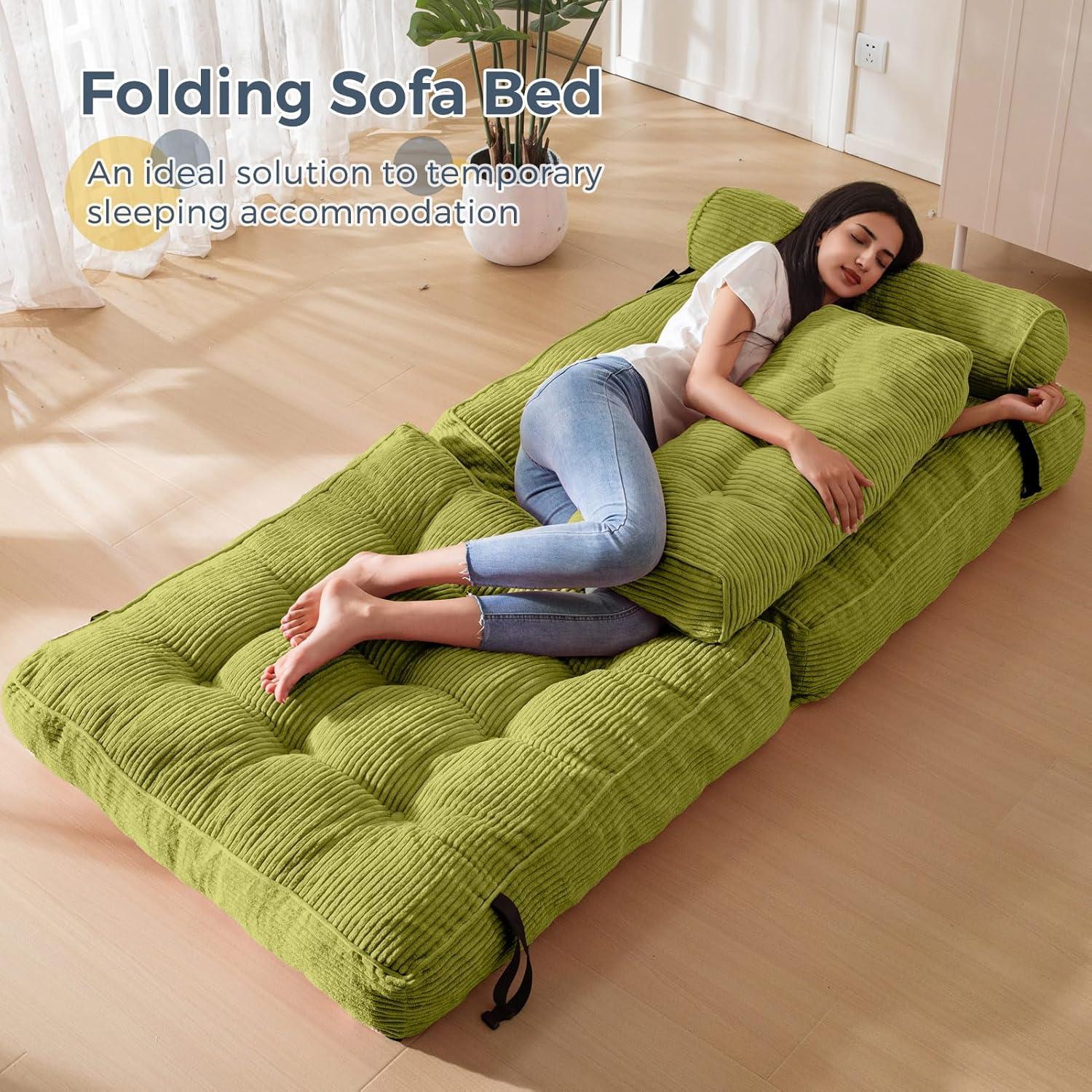 Green Corded Fabric Folding Sofa Bed with Pillow, Single