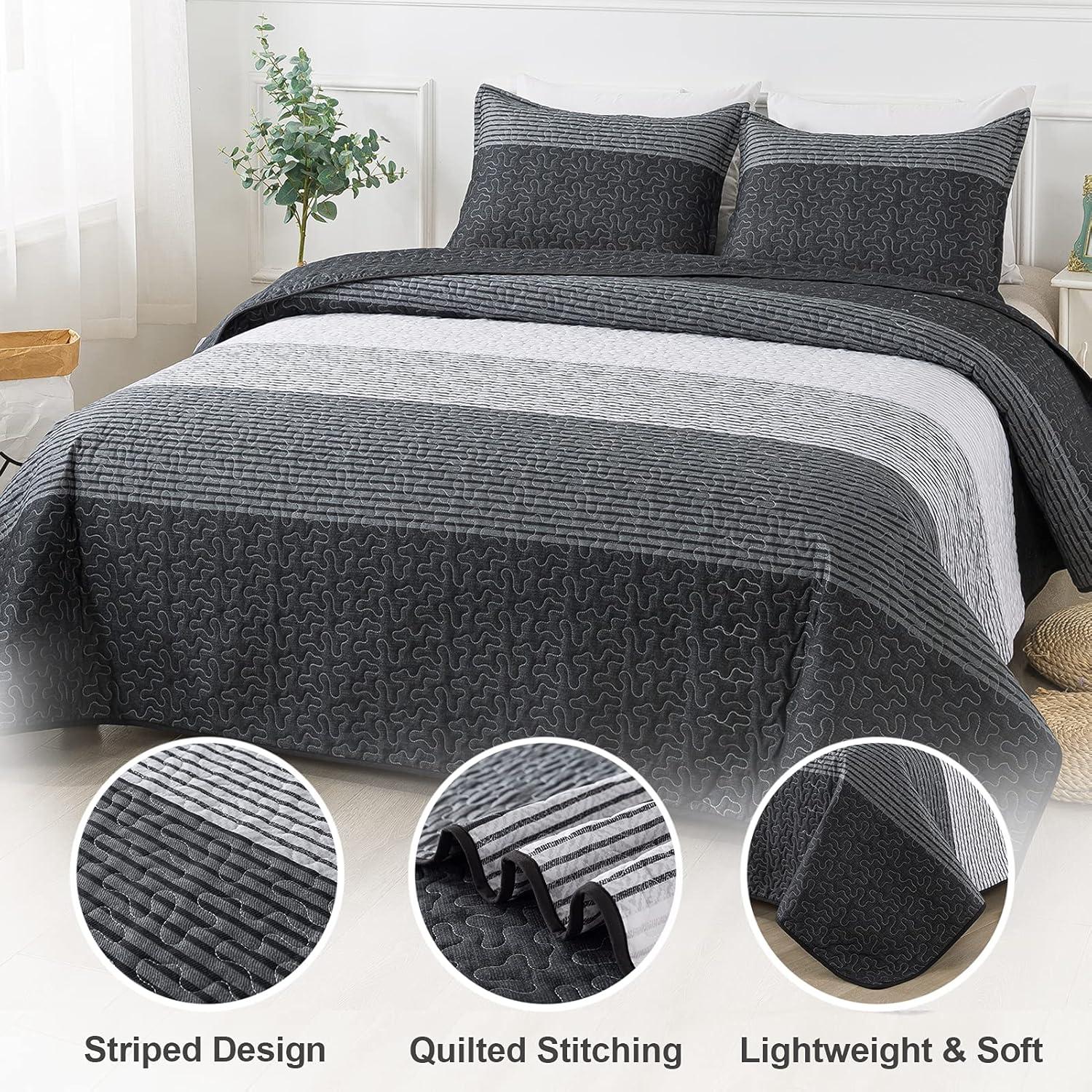 Twin Black and White Microfiber Striped Bedspread Set