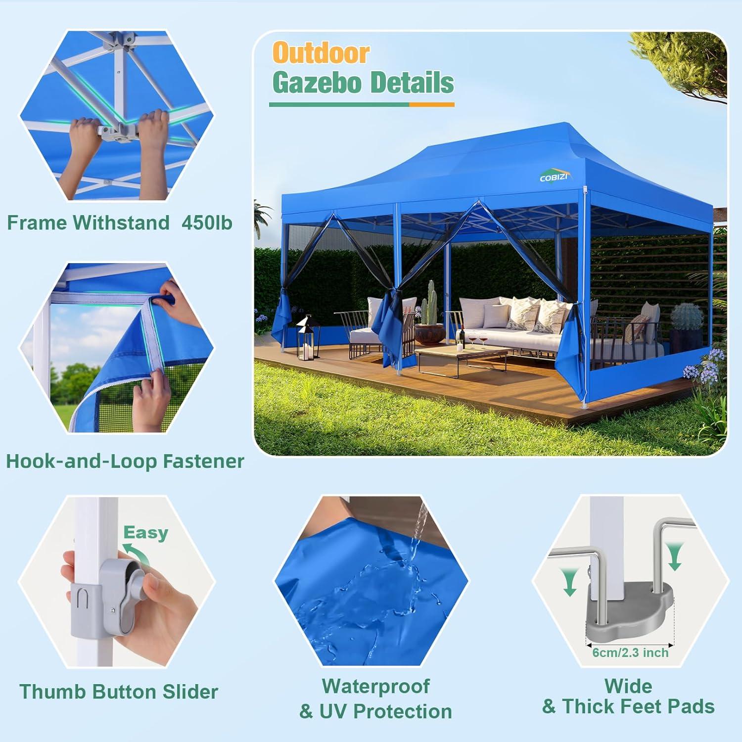 Cobizi 10x20 Canopy Tent, Heavy Duty Pop up Canopy with Sidewalls, Waterproof Easy Setup Canopy with Mosquito Netting, Outdoor Instant Screen Tents for Parties, Wedding, Backyard with Carry Bag