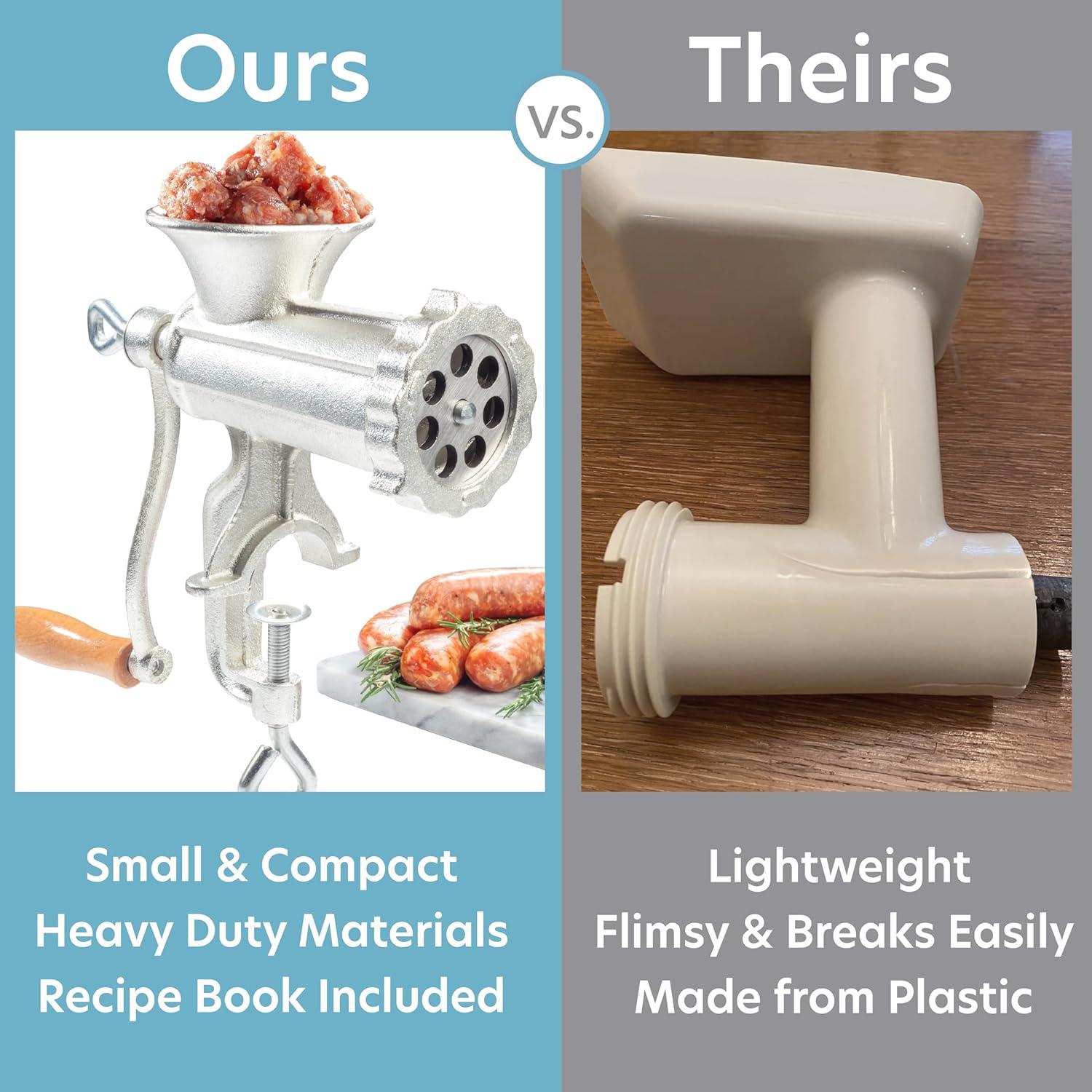 Cast Iron Table Mount Meat Grinder - Manual Mincer w Two 3/4" Cutting Disks & Sausage Stuffer Funnel - Make Homemade Burgers, Cooking Tool Must Have