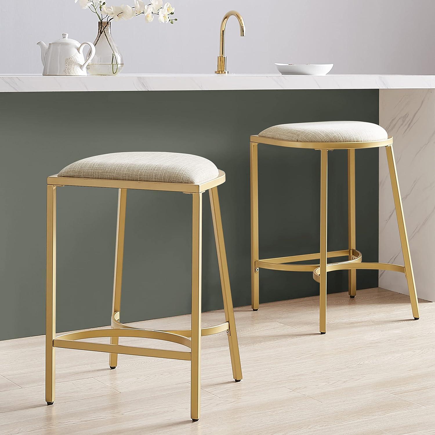 Ellery Backless Half-Round Oatmeal Cushioned Counter Stool Set in Gold