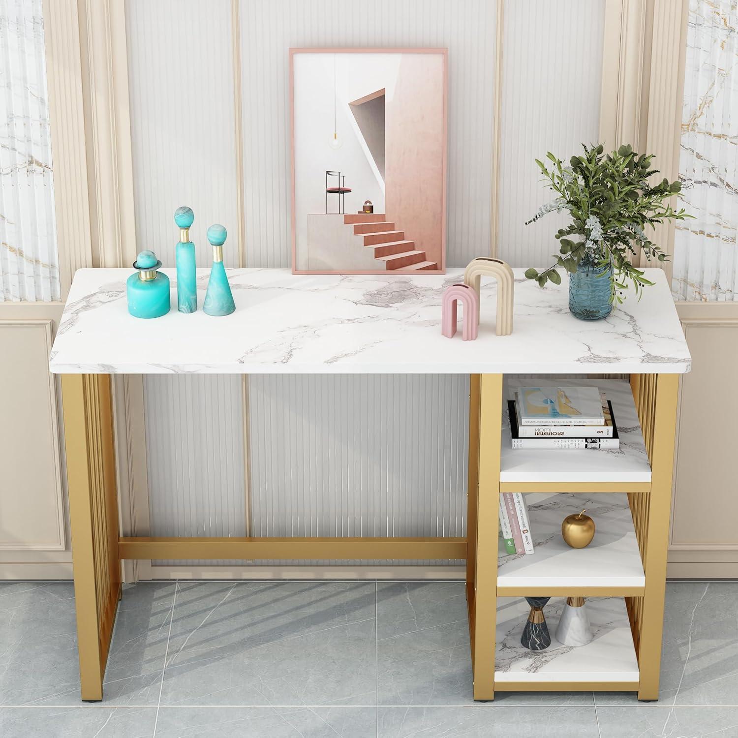 Gold and White Faux Marble Console Table with Storage Shelves