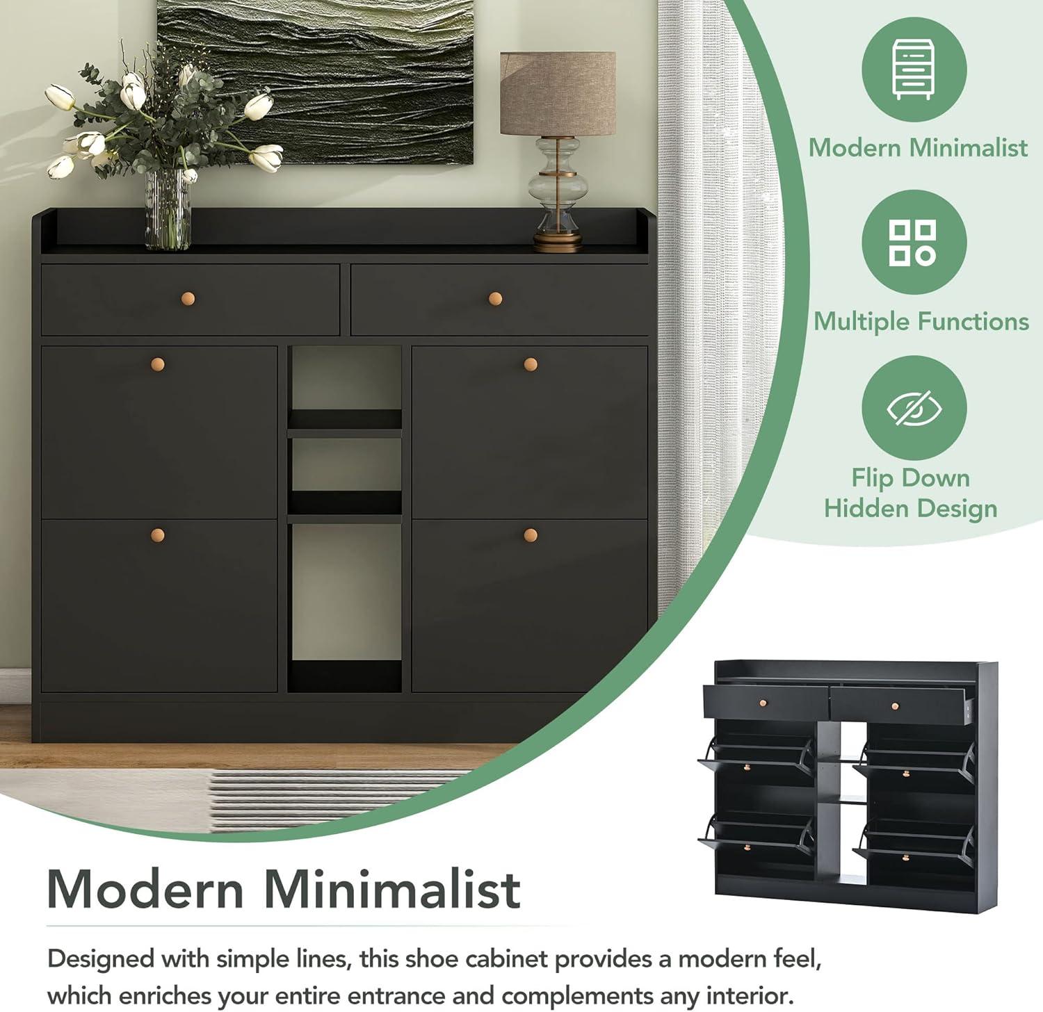 Modern Shoe Cabinet with 4 Flip Drawers, Multifunctional 2-Tier Shoe Storage Organizer with Drawers, Free Standing Shoe Rack for Entrance Hallway, Black.