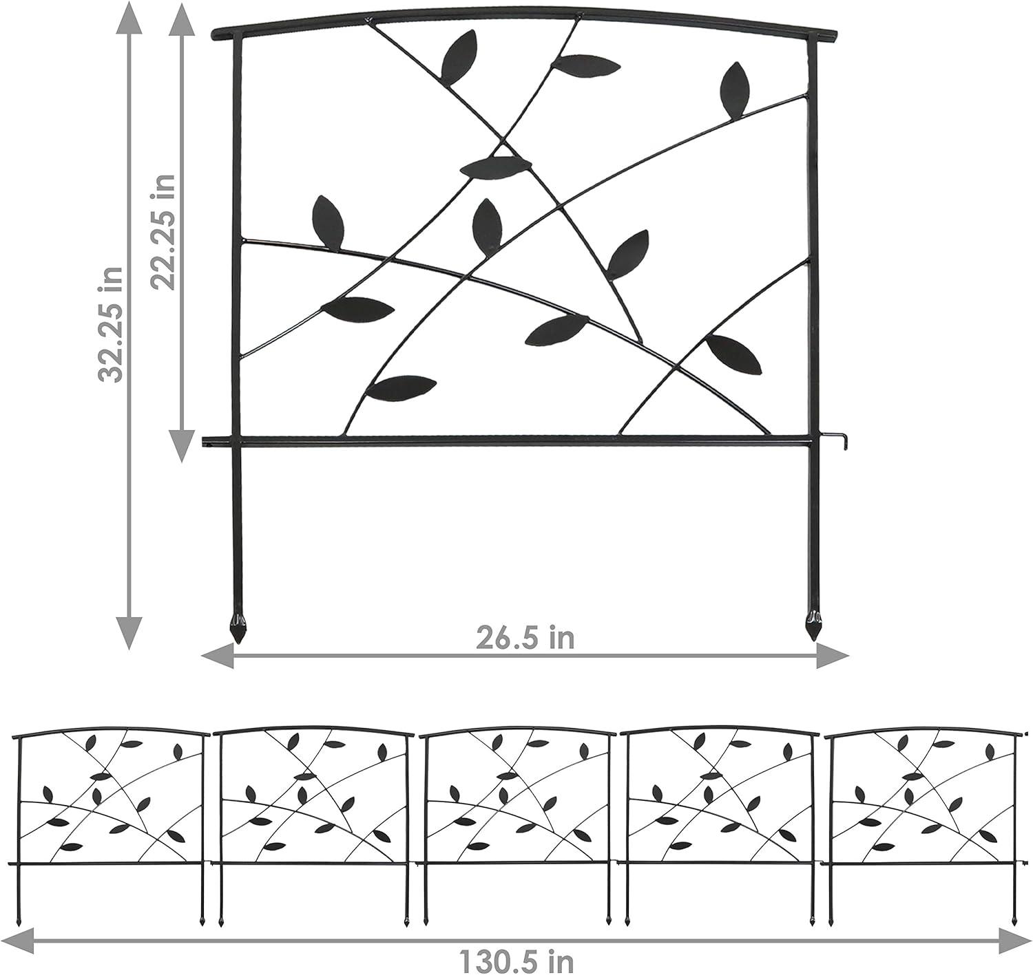 Sunnydaze Outdoor Lawn and Garden Metal Modern Leaves and Vines Decorative Border Fence Panel Set - 10' - Black - 5pk