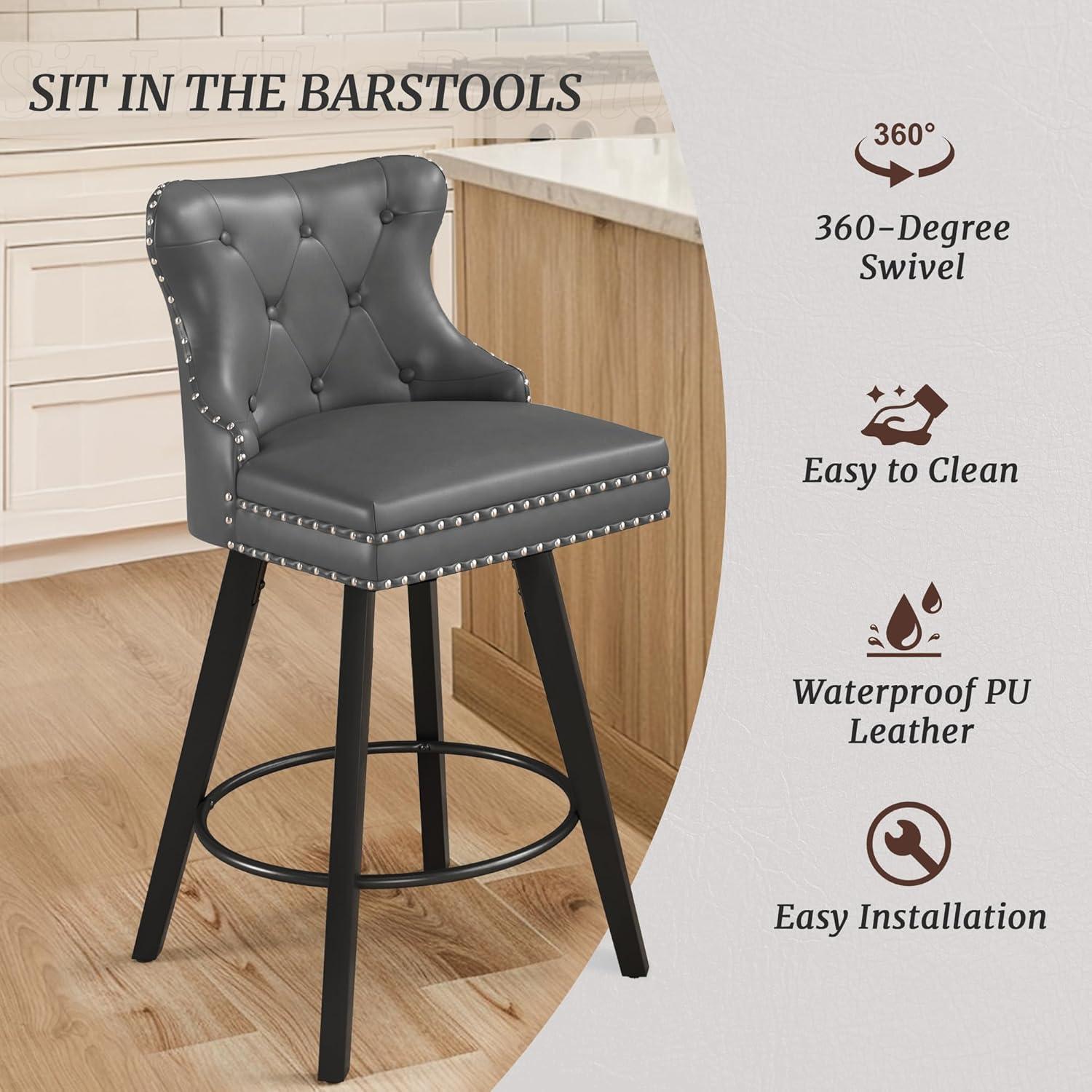 Dark Gray Faux Leather Swivel Counter Stools with Wood Legs, Set of 3