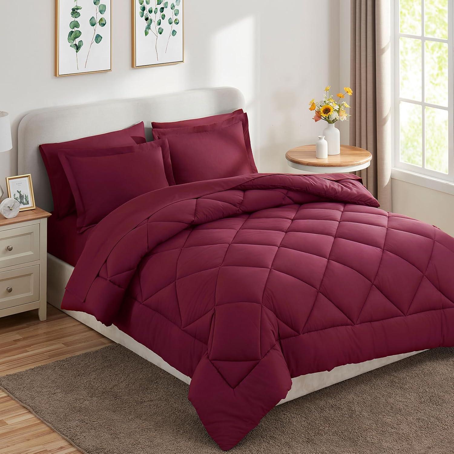 CozyLux Burgundy Comforter Set Queen 7 Pieces Red Comforter Set Queen Bedding Sets Maroon Wine with All Season Quilted Comforter, Flat Sheet, Fitted Sheet, Pillowcases