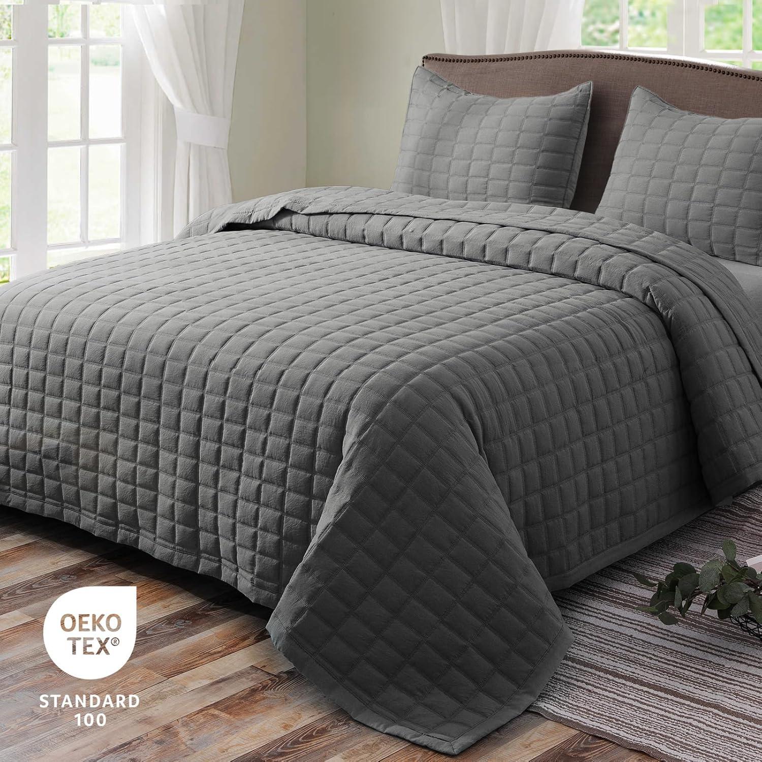 Dark Grey Reversible Microfiber Queen Quilt Set