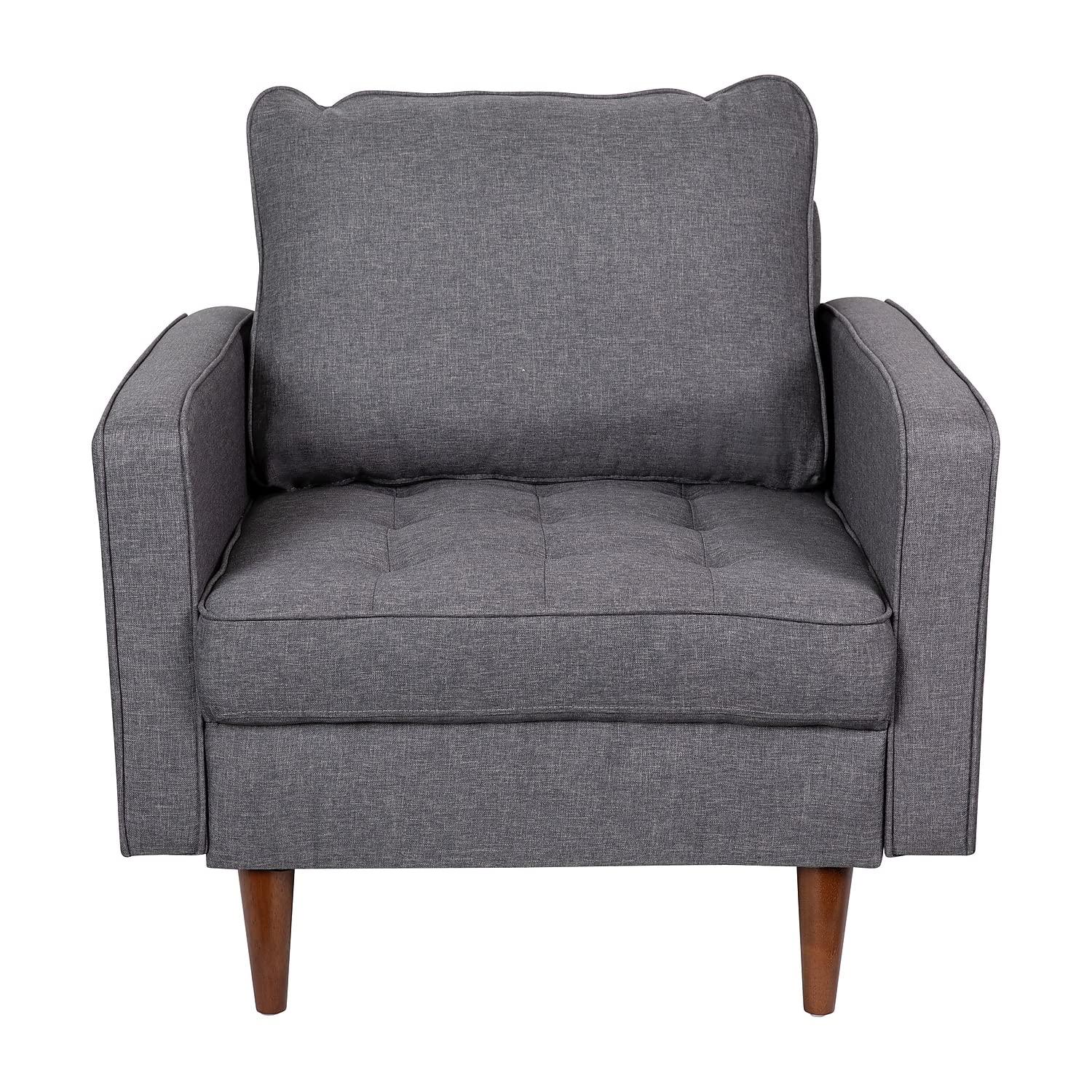 Flash Furniture Hudson Mid-Century Modern Commercial Grade Armchair with Tufted Faux Linen Upholstery & Solid Wood Legs in Dark Gray