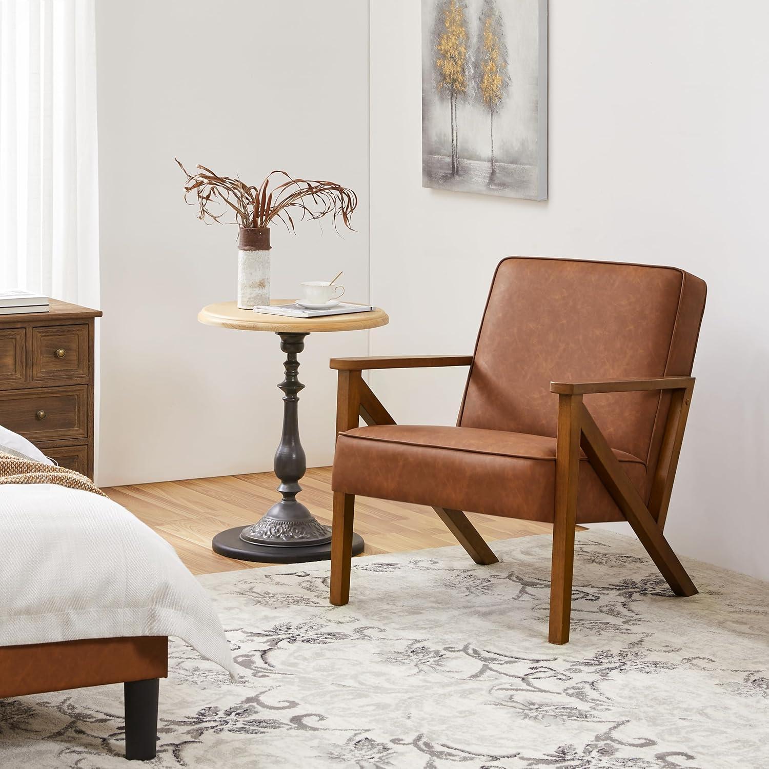 Yaheetech Faux Leather Armchair Accent Chair with Wood Legs for Living Room, Light Brown