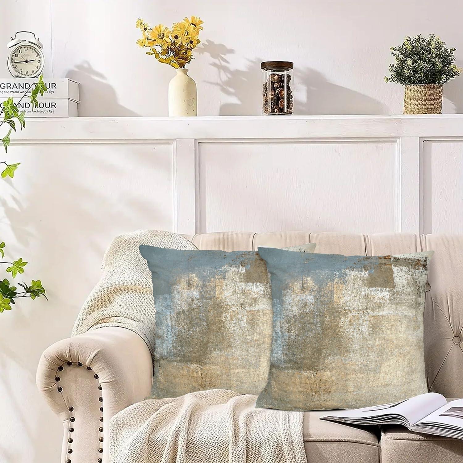 Grey and Beige Abstract Art Contemporary Pillow Cover, Modern Neutral Decorative Throw Pillows Cushion Cover for Bedroom Sofa Living Room 20 x 20 Inch Set of 2