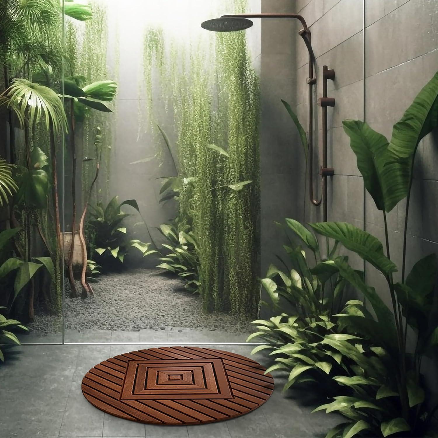 Extra-Large Round Teak Shower Mat with Teak Oil Finish