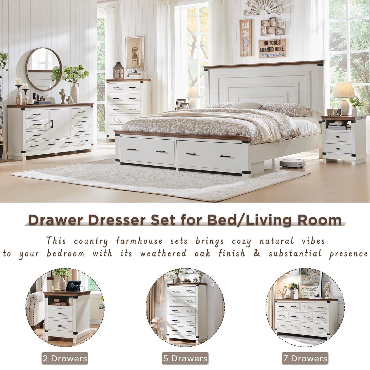 OKD Farmhouse 8 Drawer Dresser for Bedroom with Adjustable Shelf, Wood Long Chest of Drawers with Thick Plank Styling, Rustic Large Closet Dresser for Bedroom, Living Room, Antique White