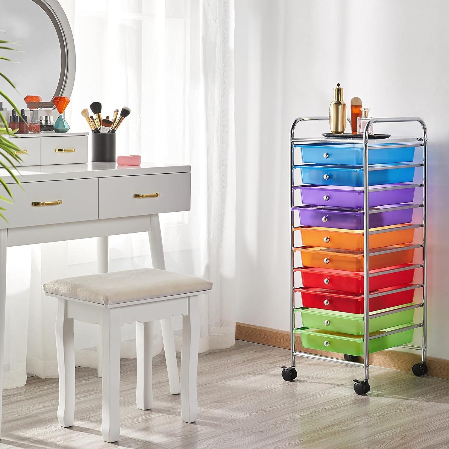 Multicolor 10-Drawer Rolling Utility Cart with Chrome Frame