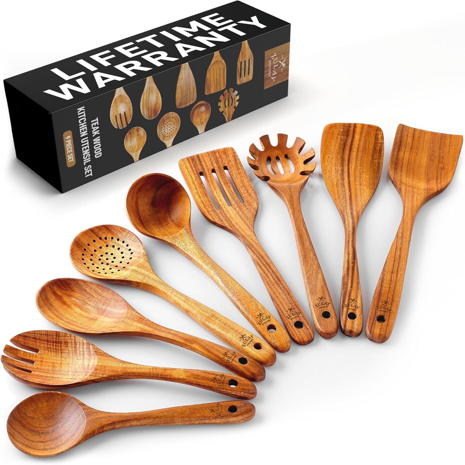 9-Piece Teak Wooden Utensils for Cooking - AOKIWO Smooth Finish Natural Teak Utensil Set - Non-Stick Wooden Spoons for Cooking - Kitchen Gift Set - Comfortable Grip Wooden Utensil Set