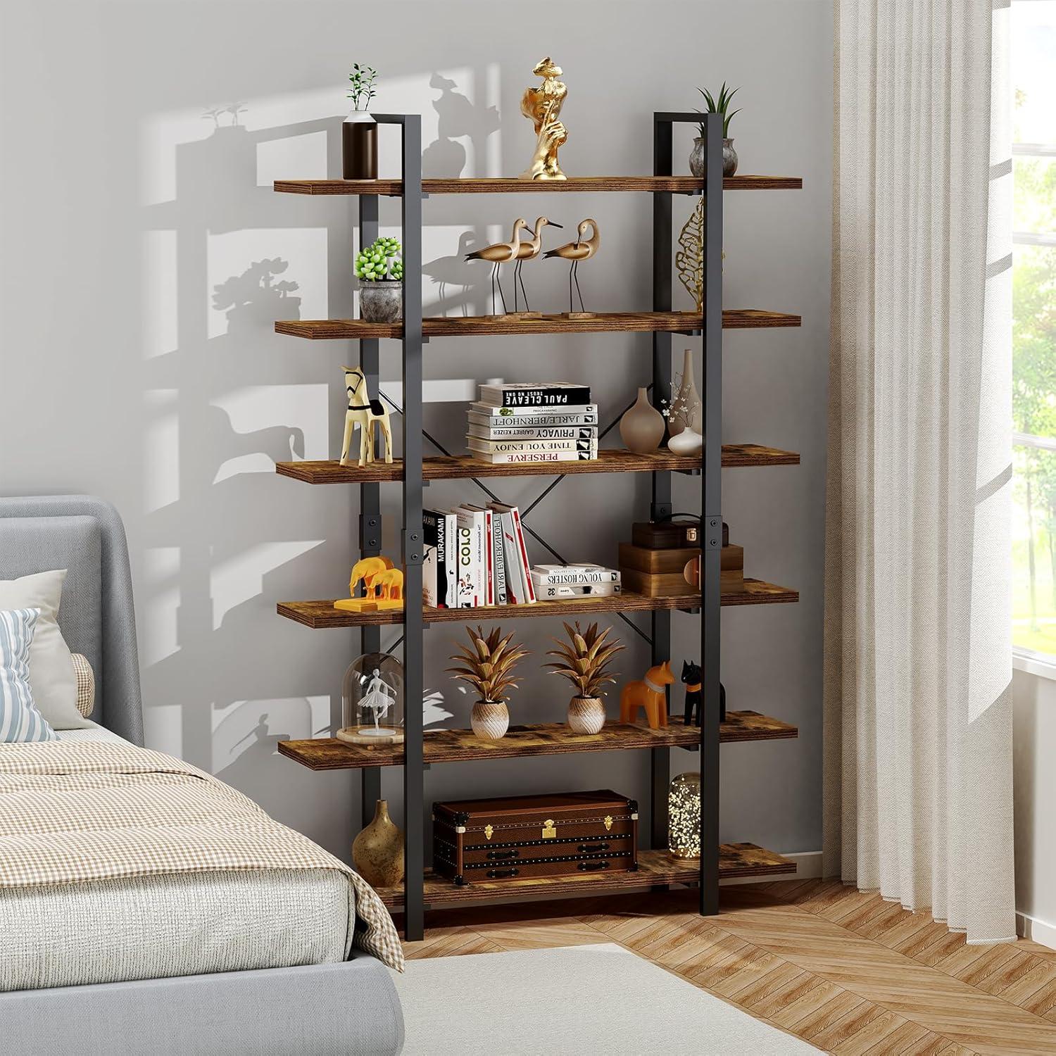 Rustic Brown 82.6" Tall Industrial Wood and Metal Bookshelf